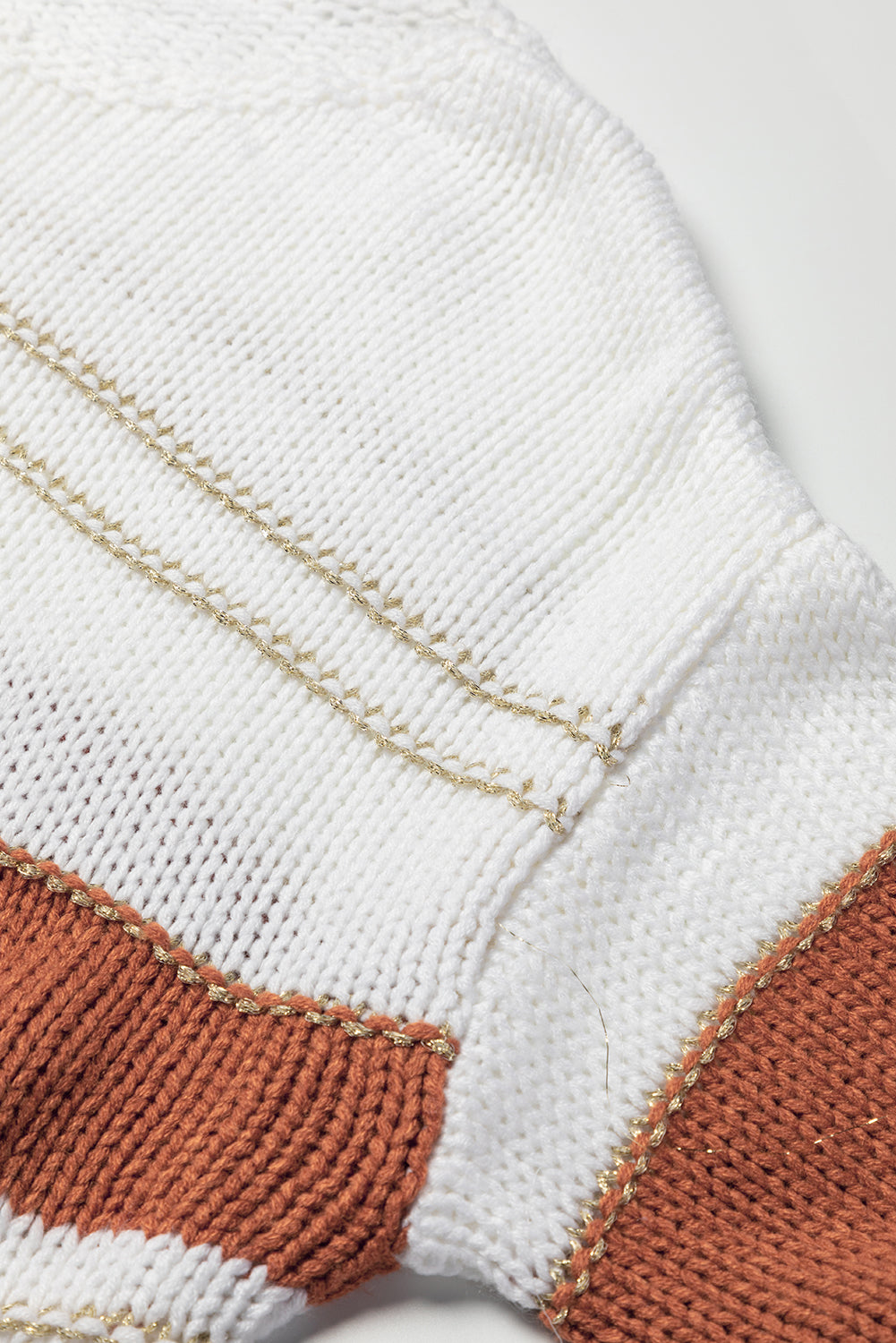 White Striped Knit Puff Sleeve Casual Sweater eAura