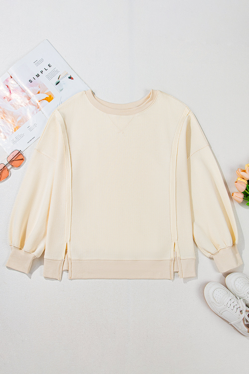 White Solid Colour Waffle Knit Drop Shoulder Plus Size Sweatshirt Beagle Boutique Fashion Outlet