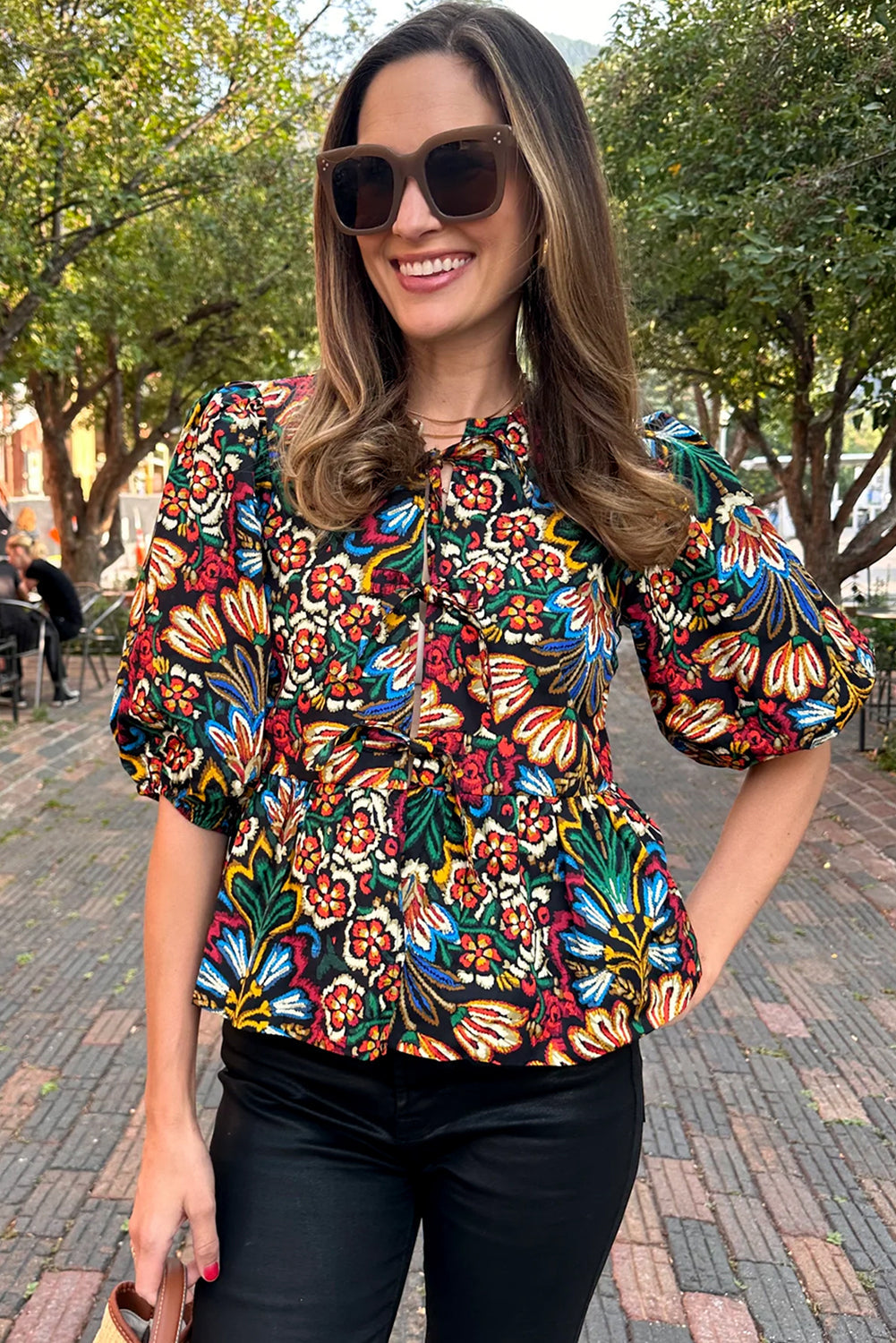 Black Tropical Print Bubble Sleeve Knot Front Blouse eAura