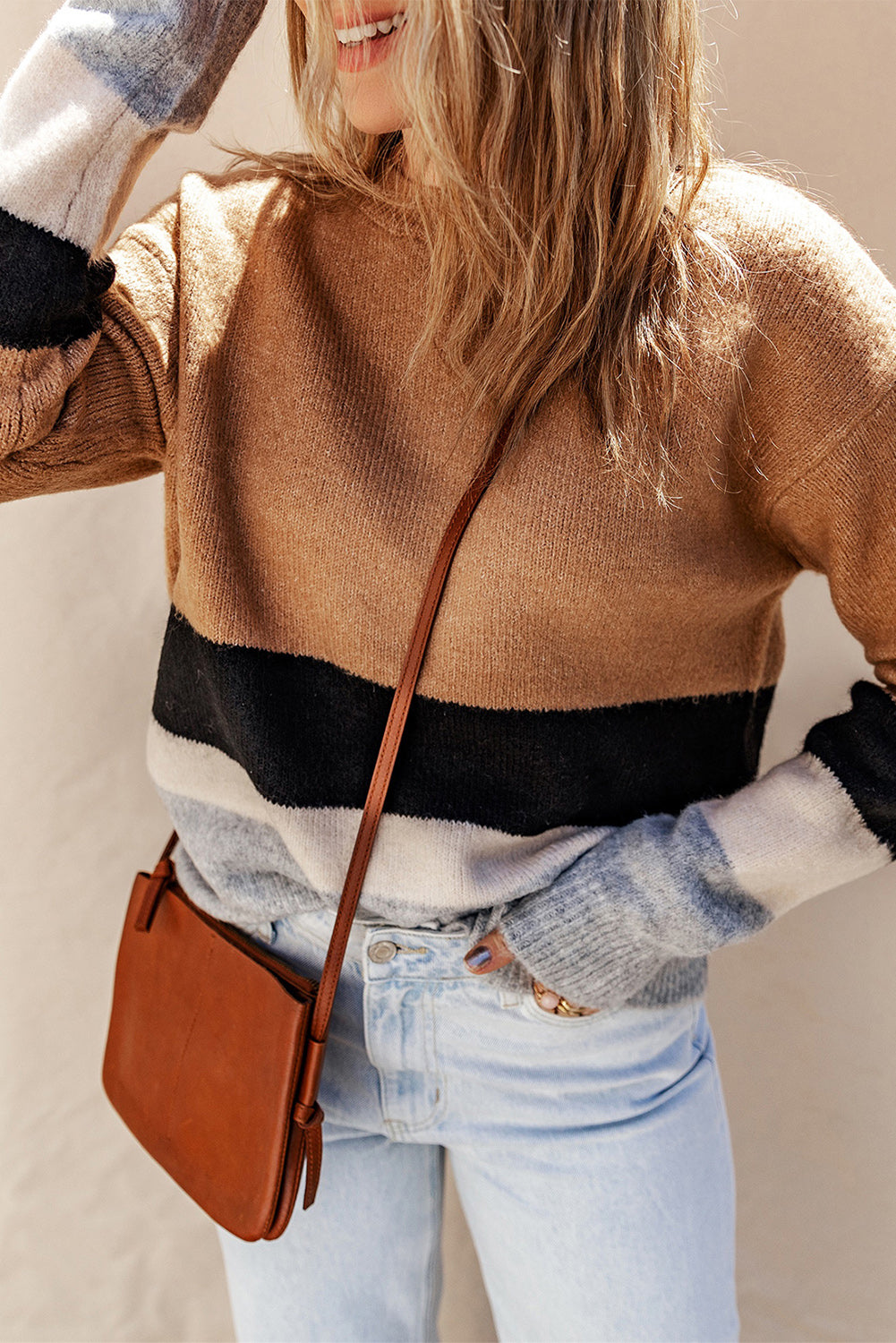 Brown Colour Block Striped Ribbed Knit Sweater eAura