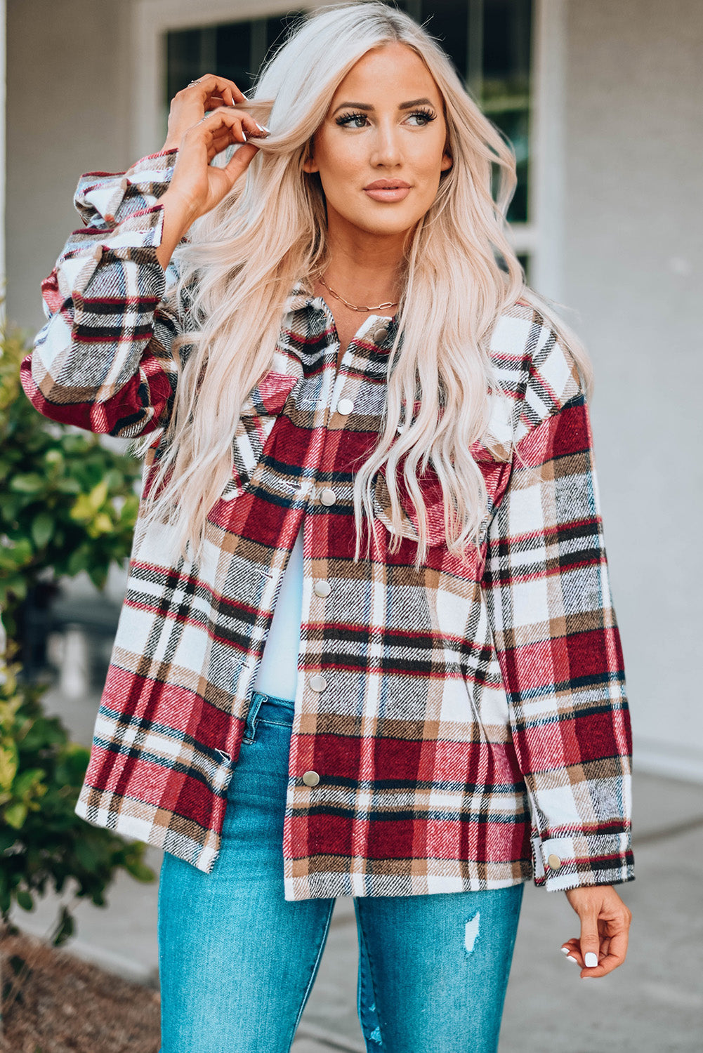 Geometric Plaid Print Pocketed Shacket eAura