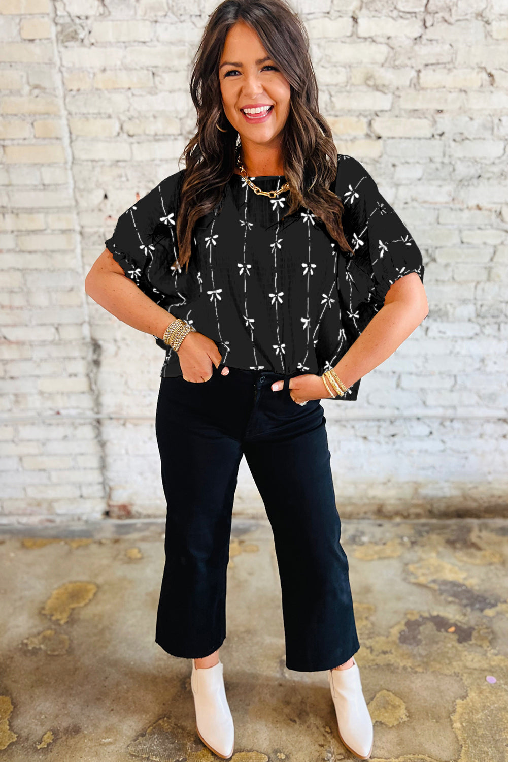 Black Bow Print Puff Short Sleeve Top eAura