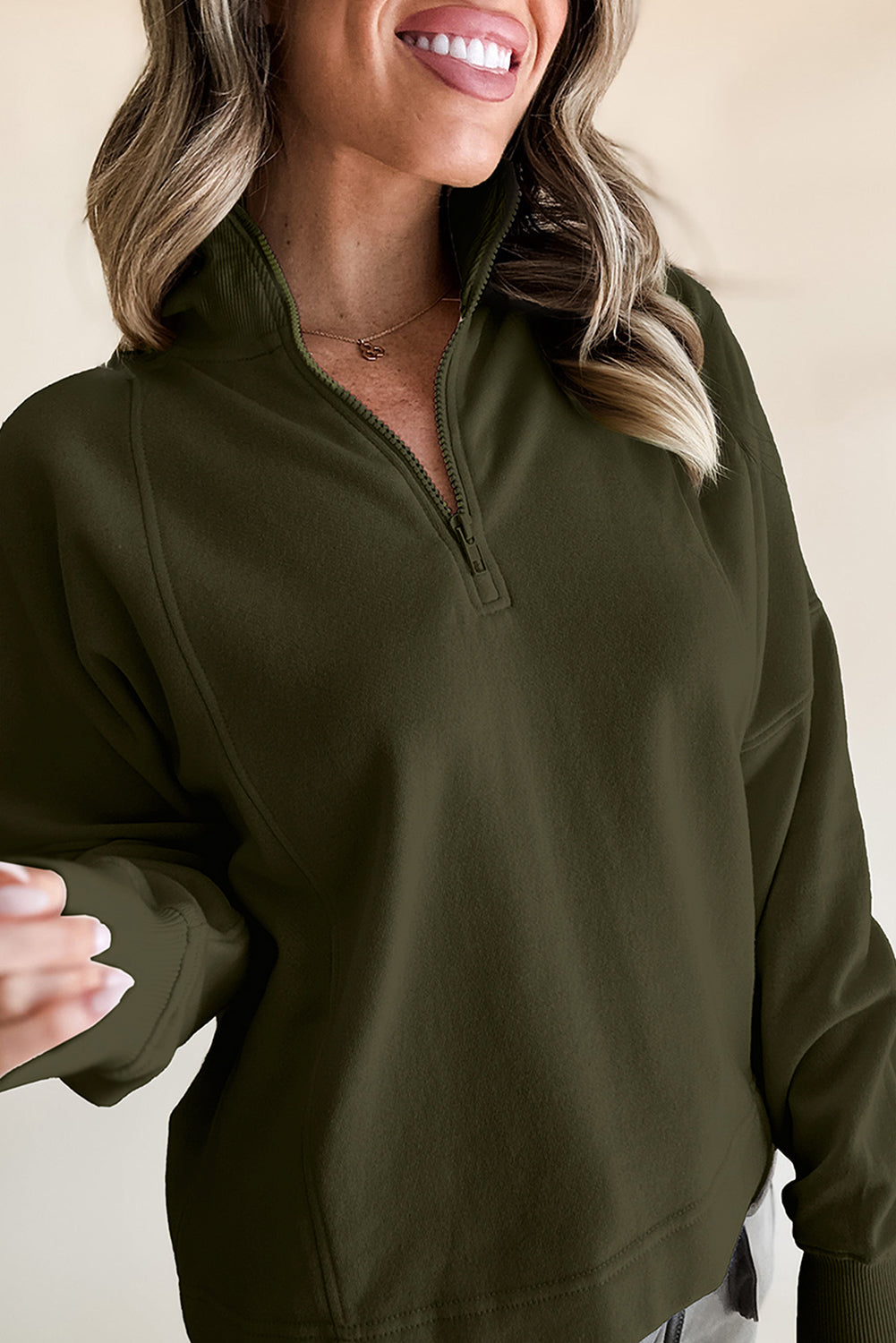 Jungle Green Zipped Neck Pullover Drop Shoulder Sweatshirt eAura