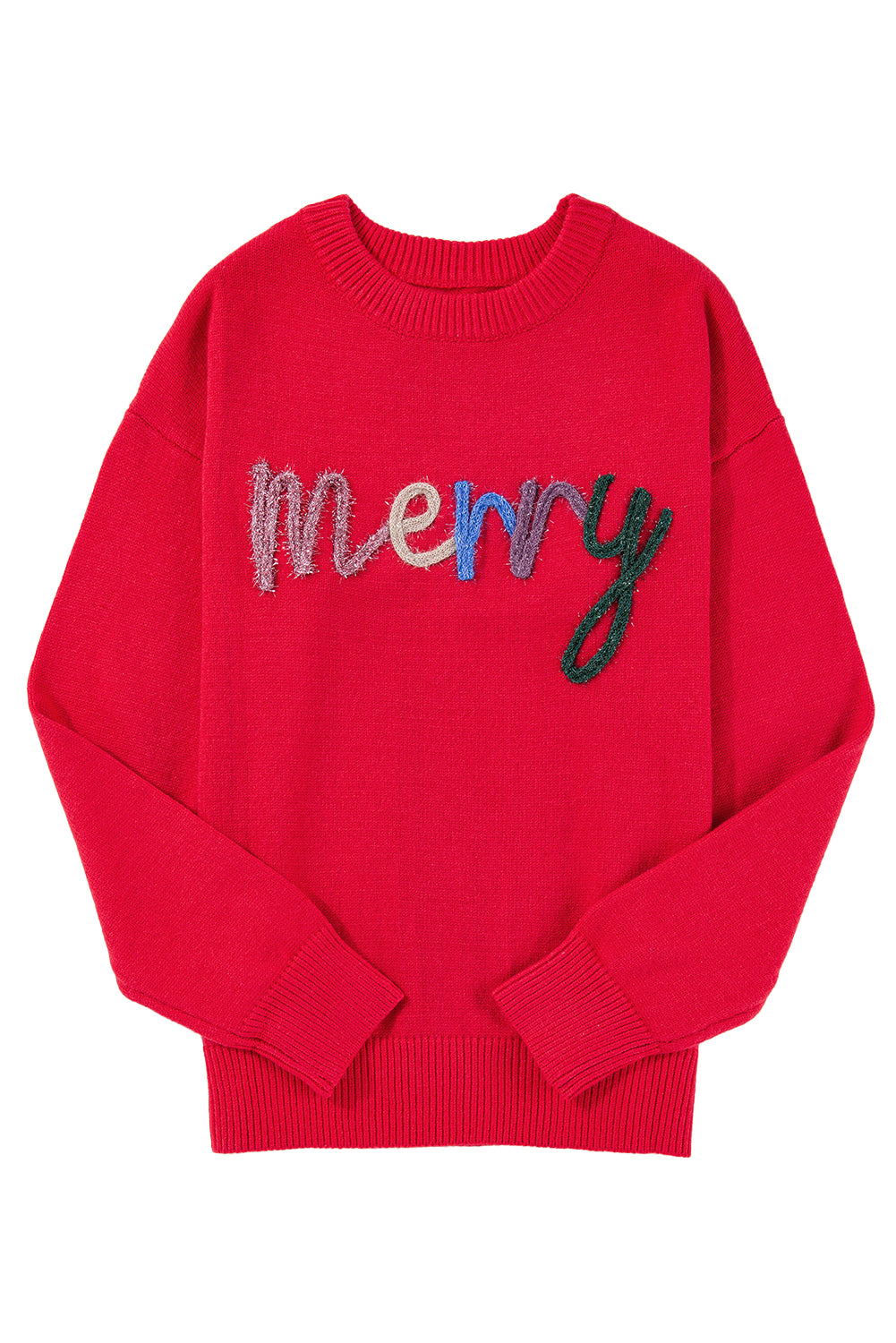 Fiery Red Tinsel Merry Letter Drop Shoulder Baggy Sweater eAura