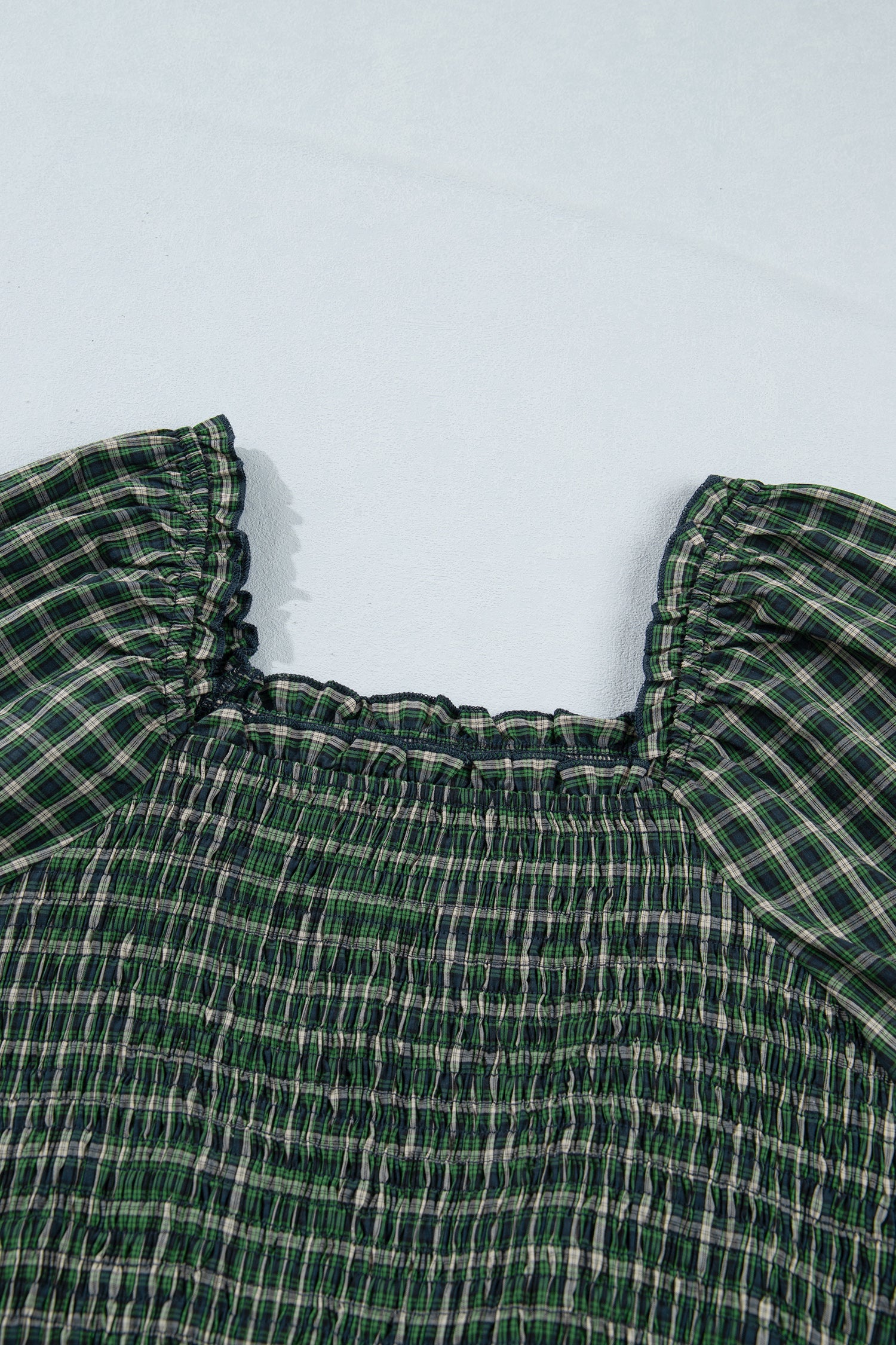 Plaid Square Neck Shirred High Waist Ruffle Hem Dress – Green