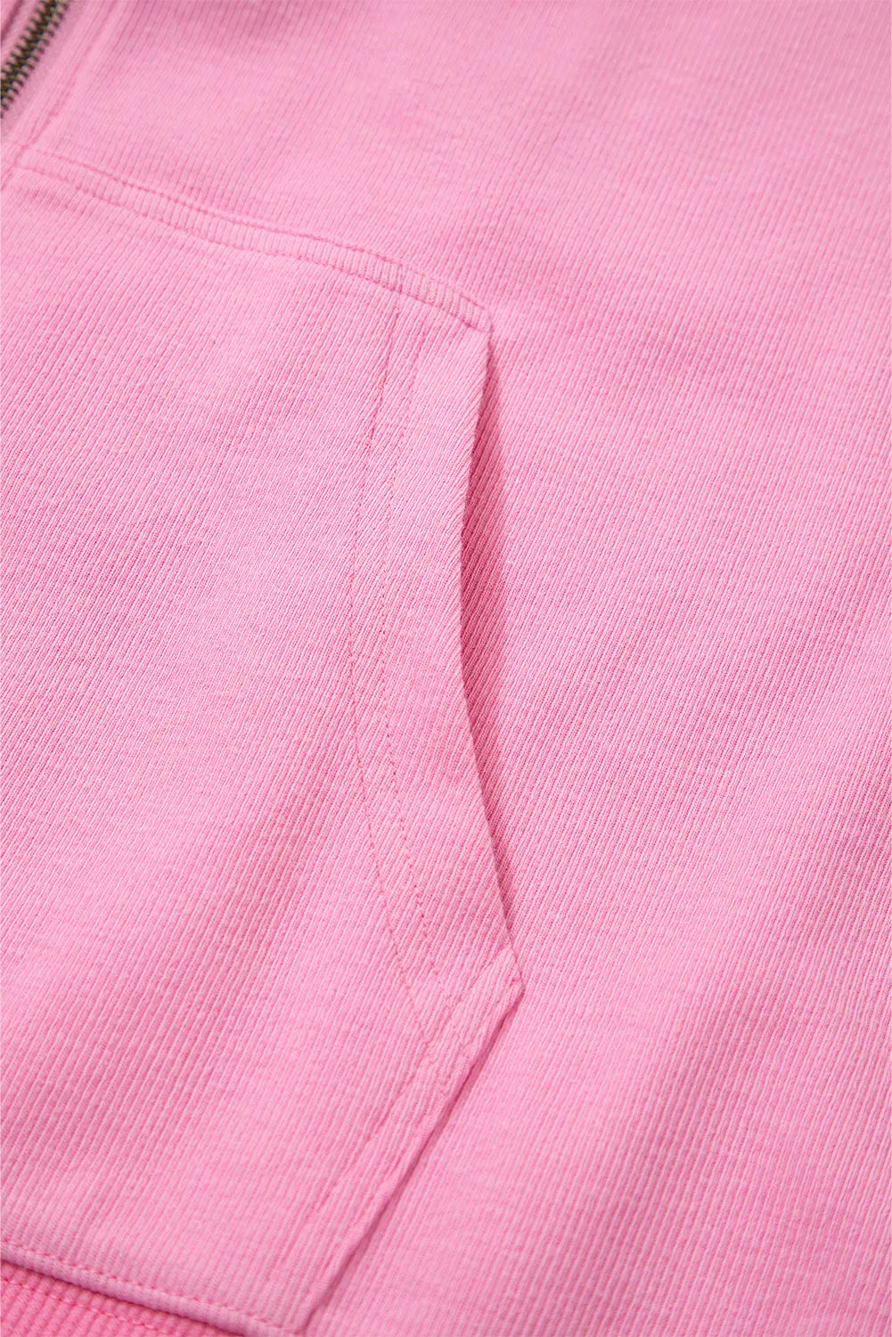Solid Colour Ribbed Zip Up Drawstring Hooded Jacket – Sachet Pink
