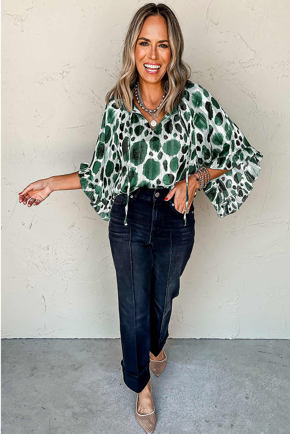 Green Metallic Threading Accents Pleated Abstract Printed Ruffled 3/4 Sleeve Blouse BB Fashion Outlet