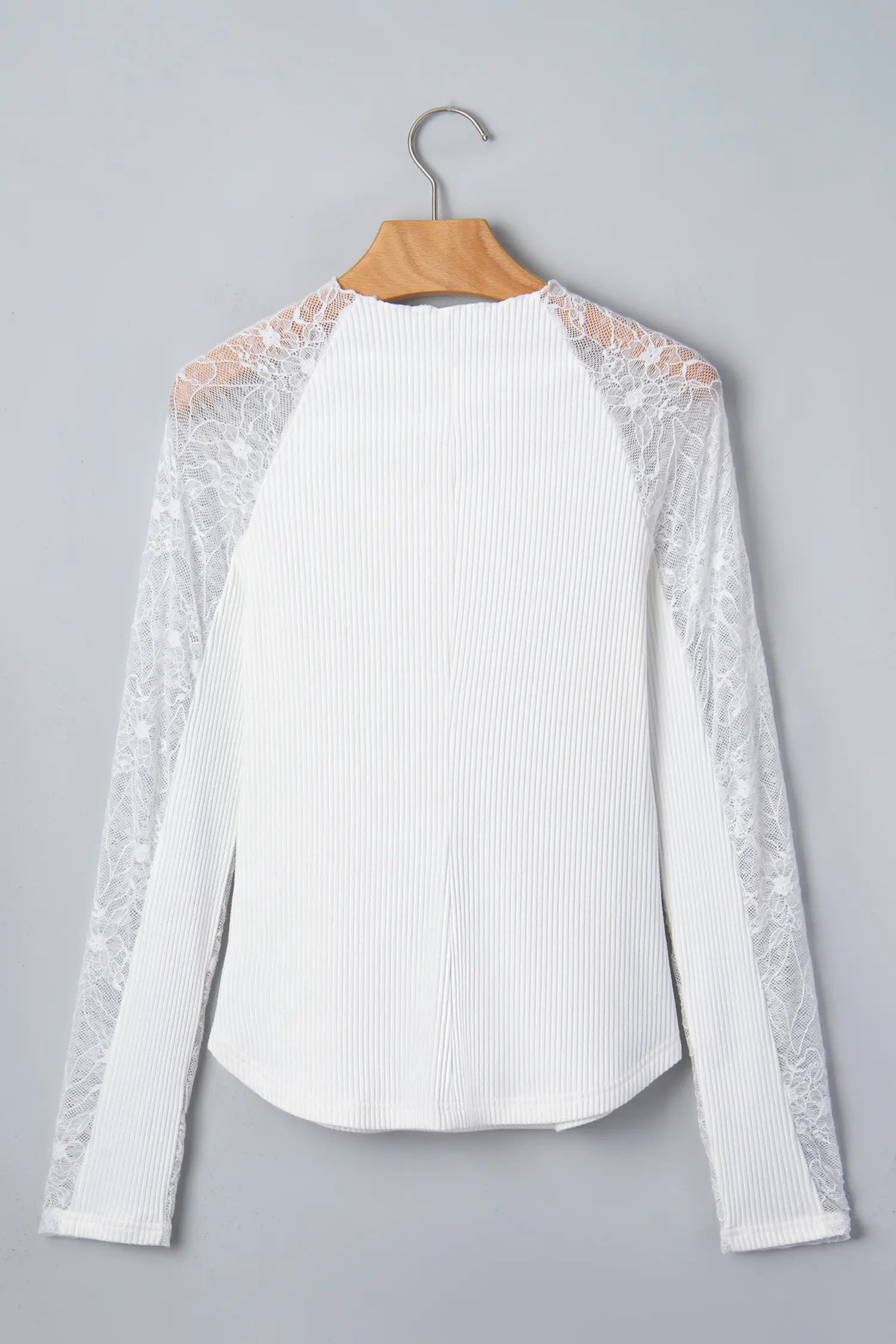 Beige Sheer Lace Long Sleeve Ribbed Slim Top