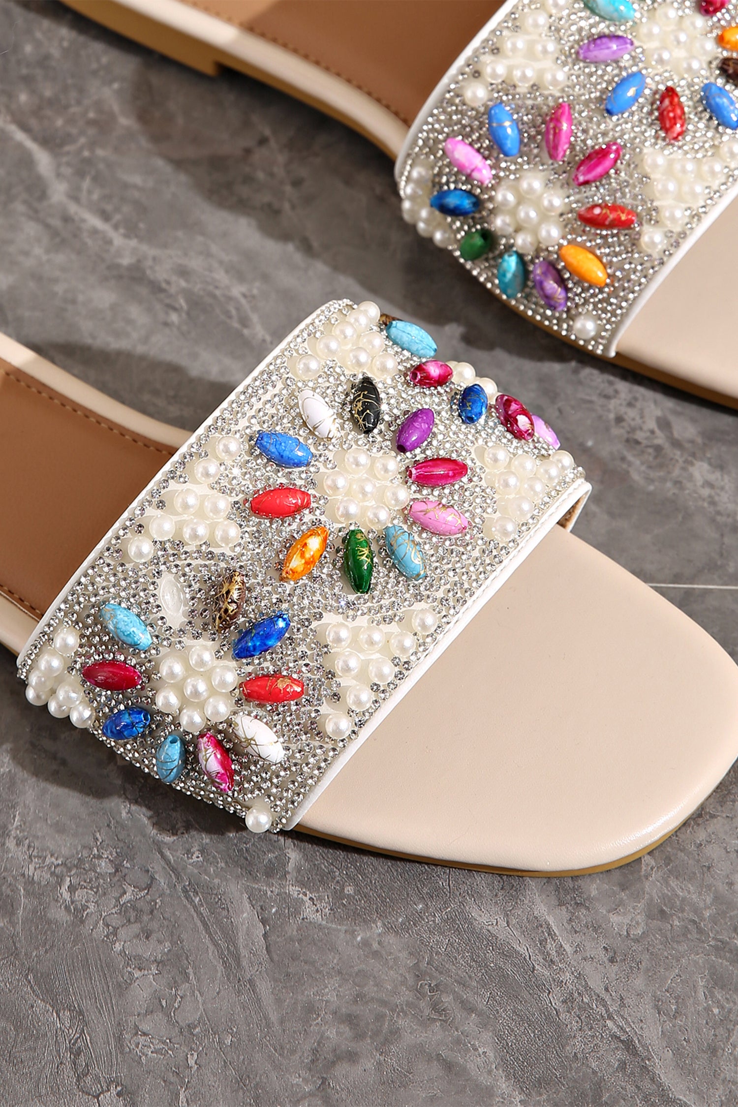 Rhinestone & Pearl Square Toe Beach Slippers – White