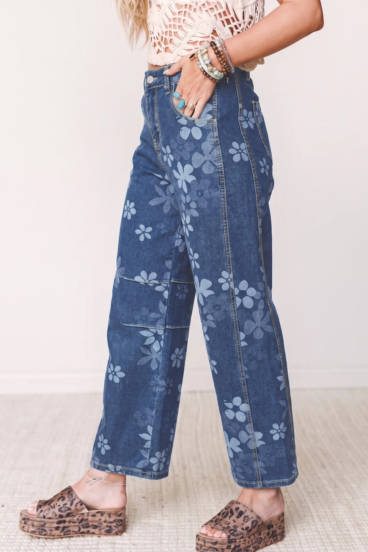 Blue Floral Print Ankle Length Casual Pocket Jeans