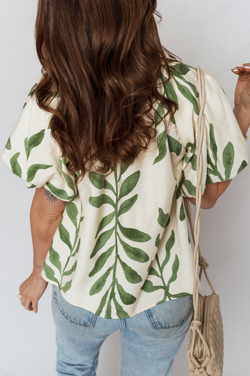 Green Leaf Print Short Balloon Sleeve Shirt - Tops/Blouses & Shirts