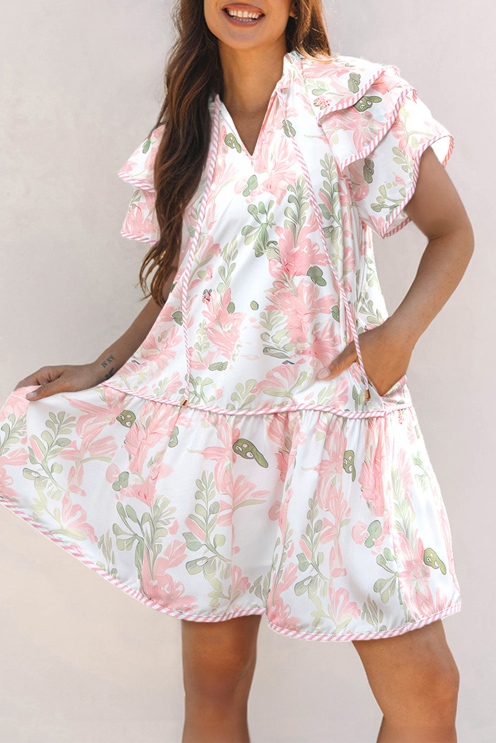 Floral Contrast Edge Layered Short Sleeve Mini Dress eAura