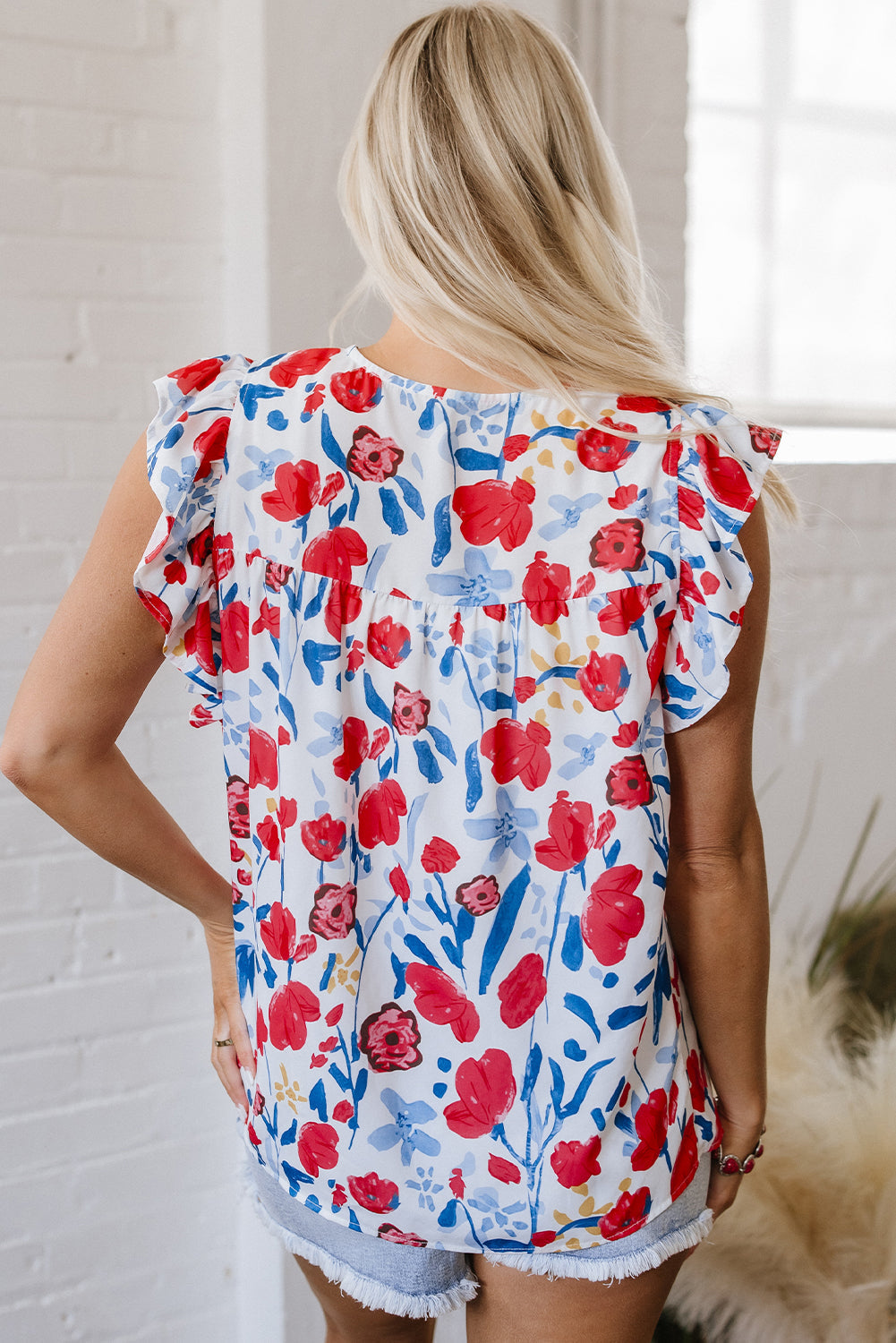 Red Flowers Pintuck Detail V-Neck Ruffled Sleeve Top eAura