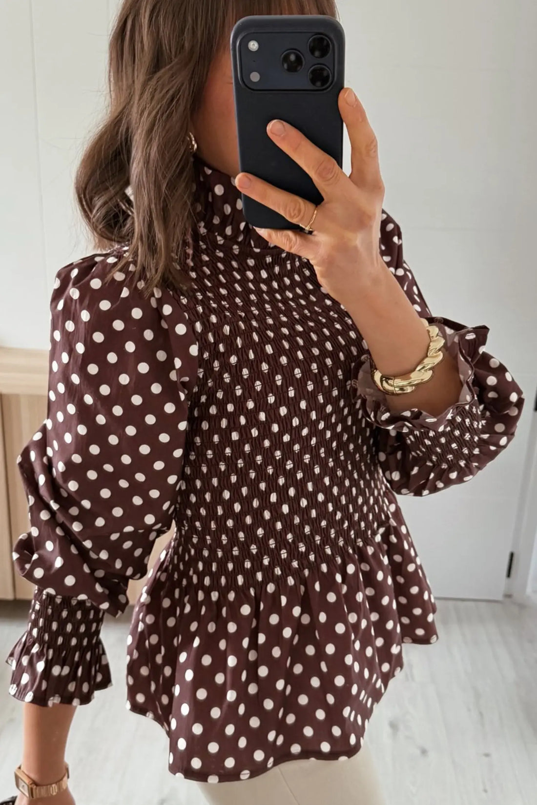 Polka Dot Ruffled High Neck Shirred Ruffle Hem Blouse – Brown