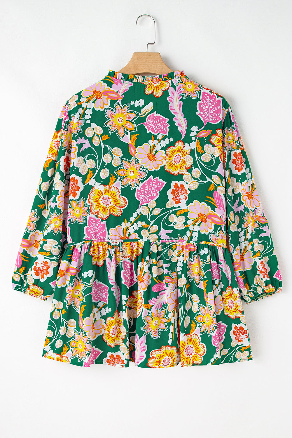 Green Floral Tied V Neck Long Sleeve Plus Size Babydoll Top BB Fashion Outlet