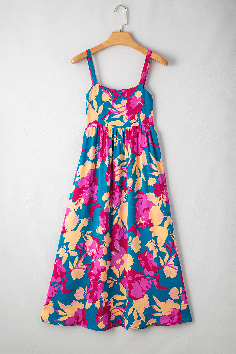 Dark Blue Floral High Waist Sleeveless Flared Long Dress eAura