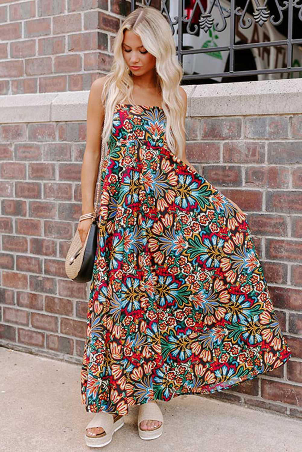 Black Boho Floral Print Thin Straps Sleeveless High Waist Maxi Dress eAura