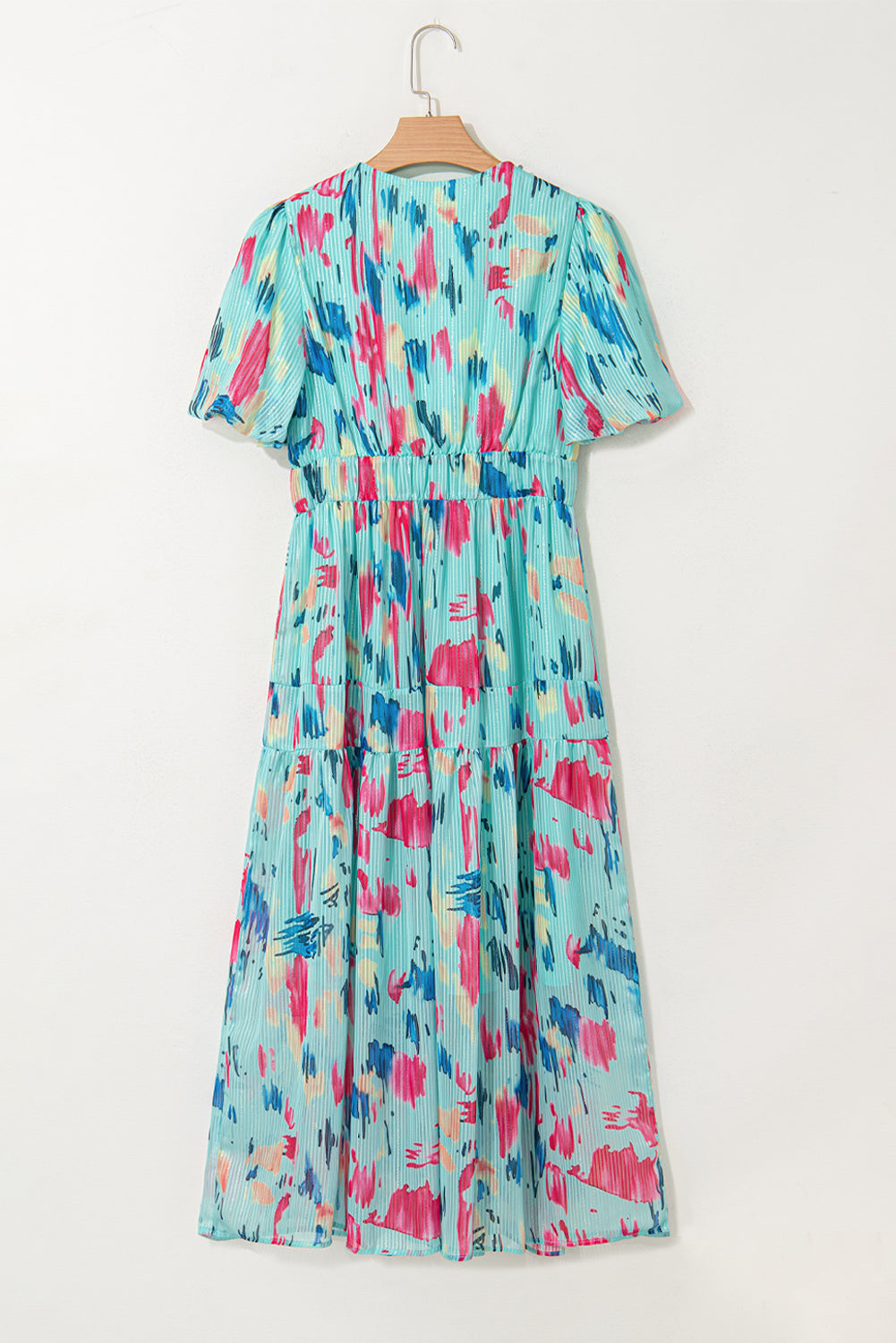 Abstract Print Short Puff Sleeve Tiered Maxi Dress eAura
