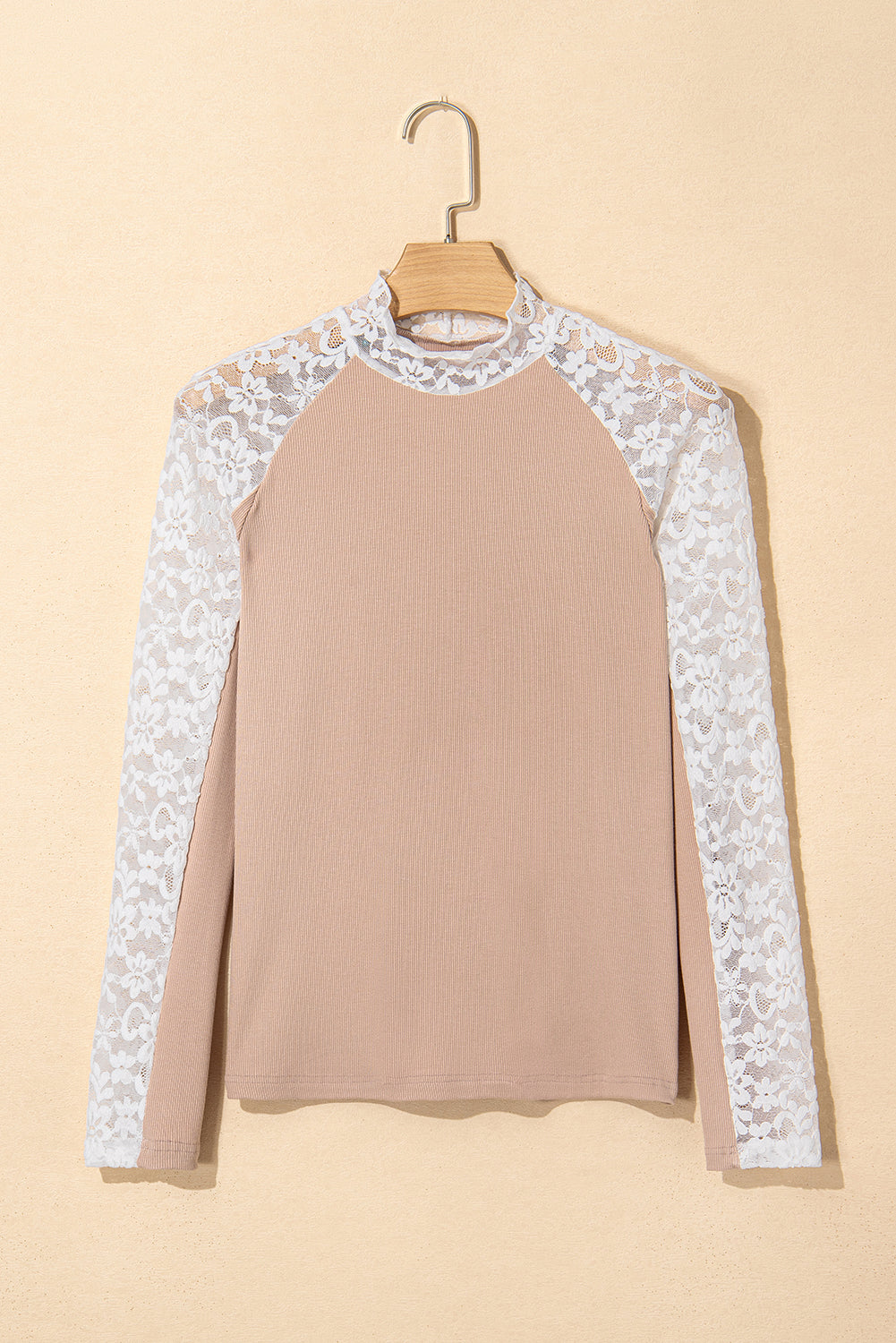 Smoke Grey Floral Lace Patchwork Long Sleeve High Neck Slim Top eAura