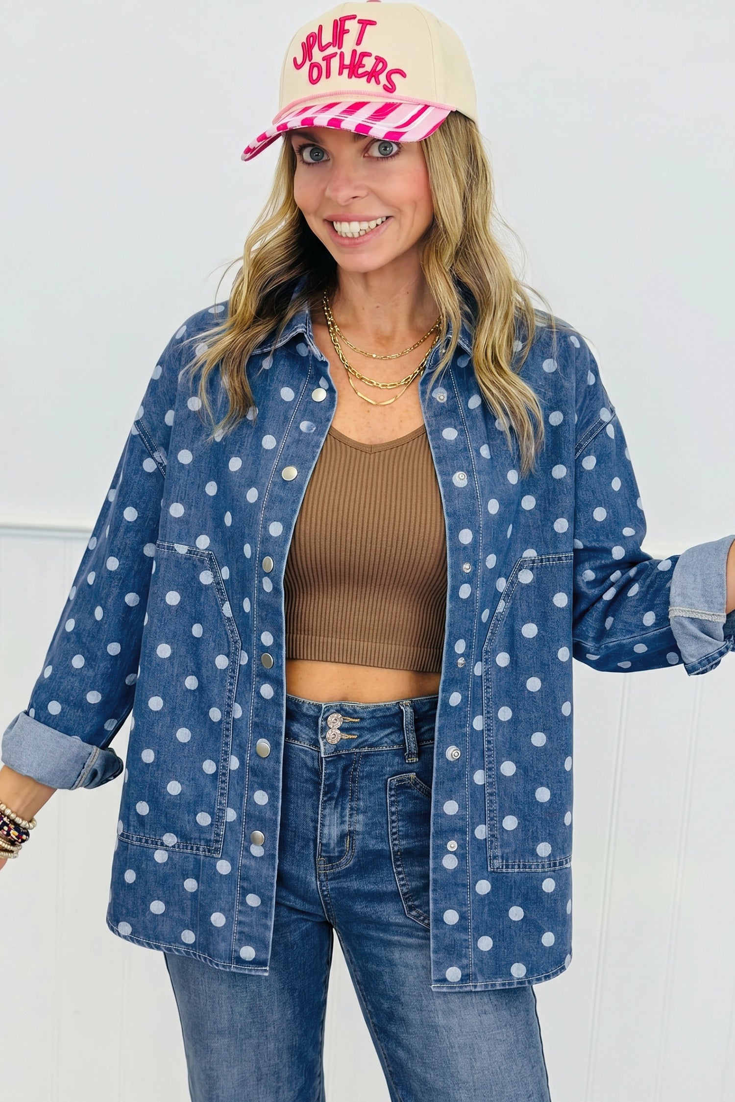 Polka Dot Long Sleeve Collar Shift Tunic Denim Jacket – Blue
