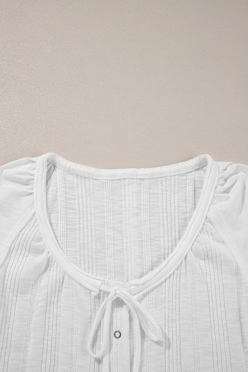 White Snap Button Drawstirng Tie Neck Textured Half Sleeve Shirt eAura