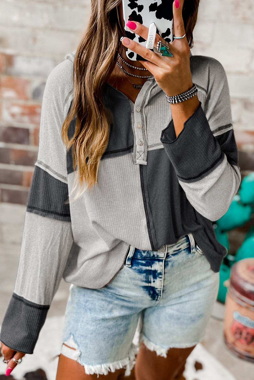 Grey Colourblock Seamed Ribbed Henley Hoodie eAura