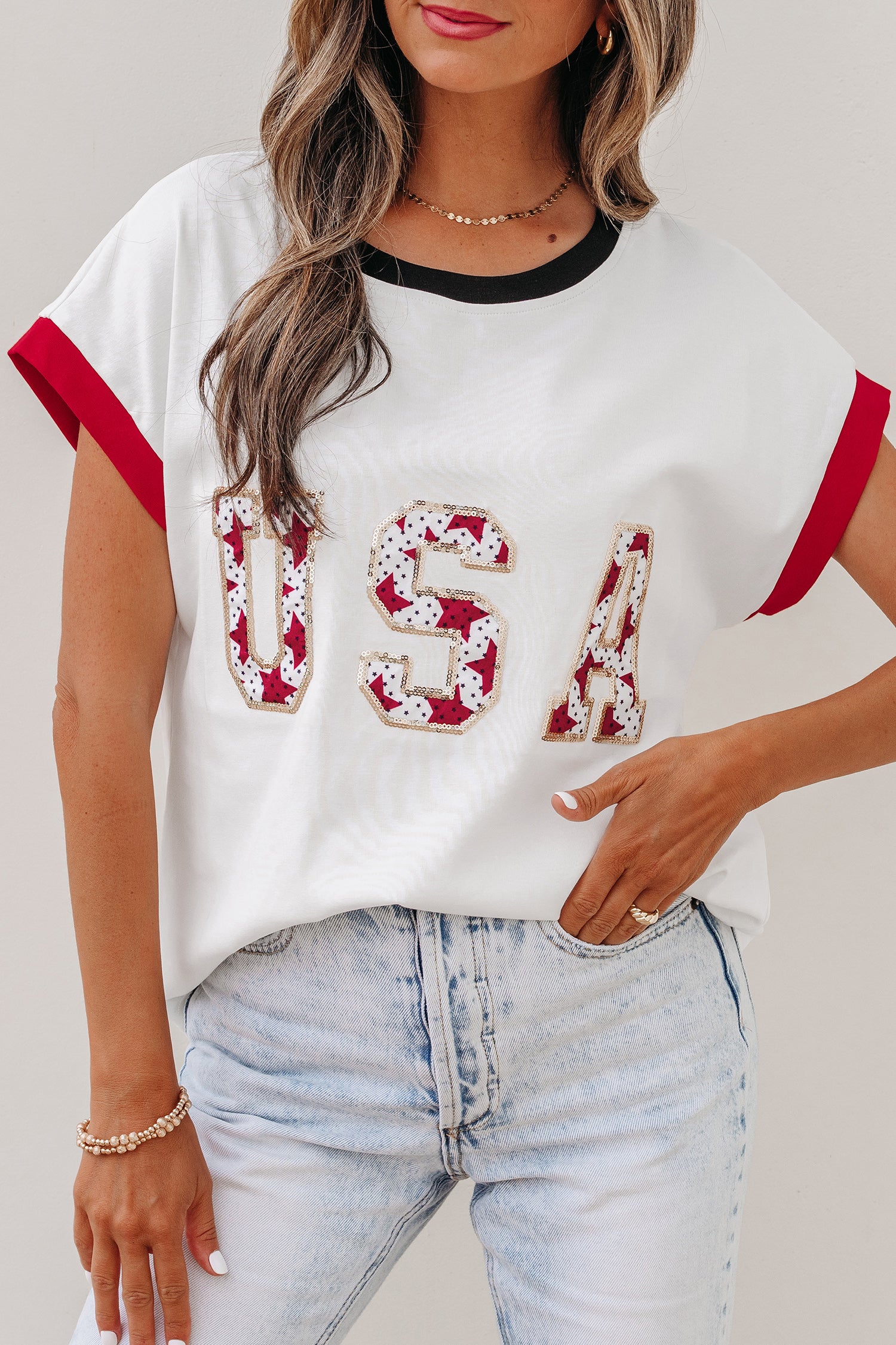 USA Sequin Colour Block Loose T-Shirt