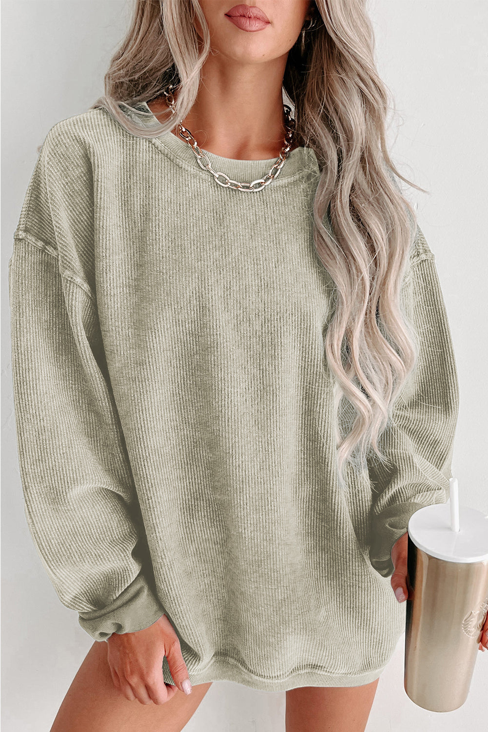 Green Solid Ribbed Knit Round Neck Pullover Sweatshirt eAura