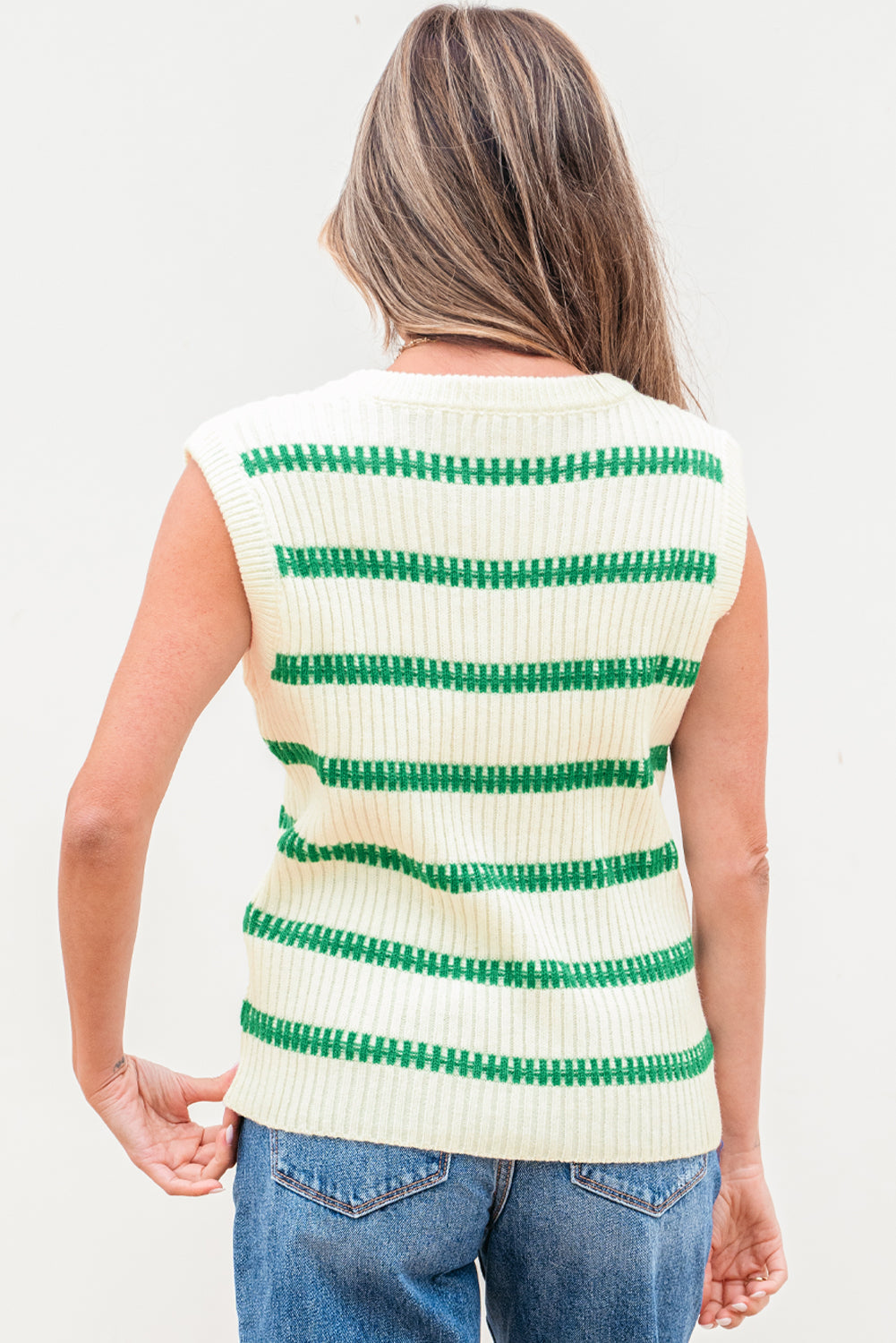 Bright Green Striped Round Neck Casual Sweater Vest eAura