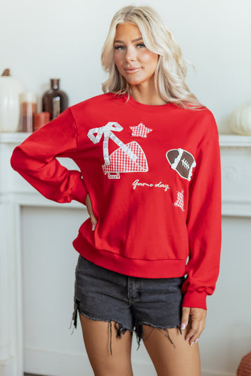 Gingham Patch Embroidered Rugby Game Day Stars Sweatshirt – Racing Red
