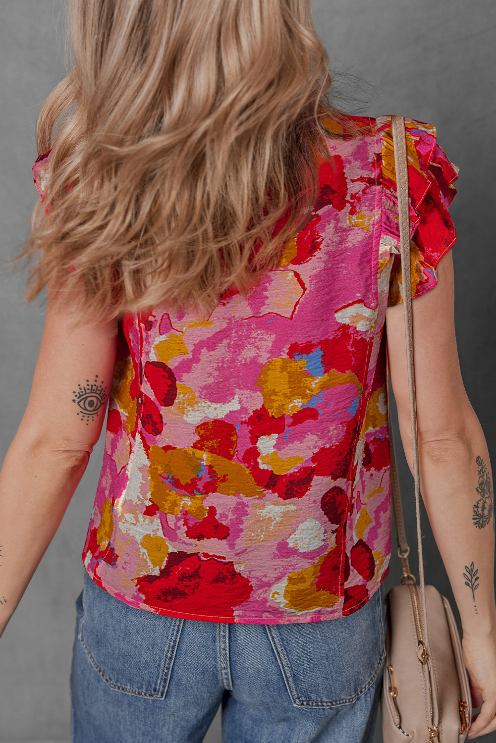 Red Abstract Print Split V Neck Ruffle Short Sleeve Blouse eAura