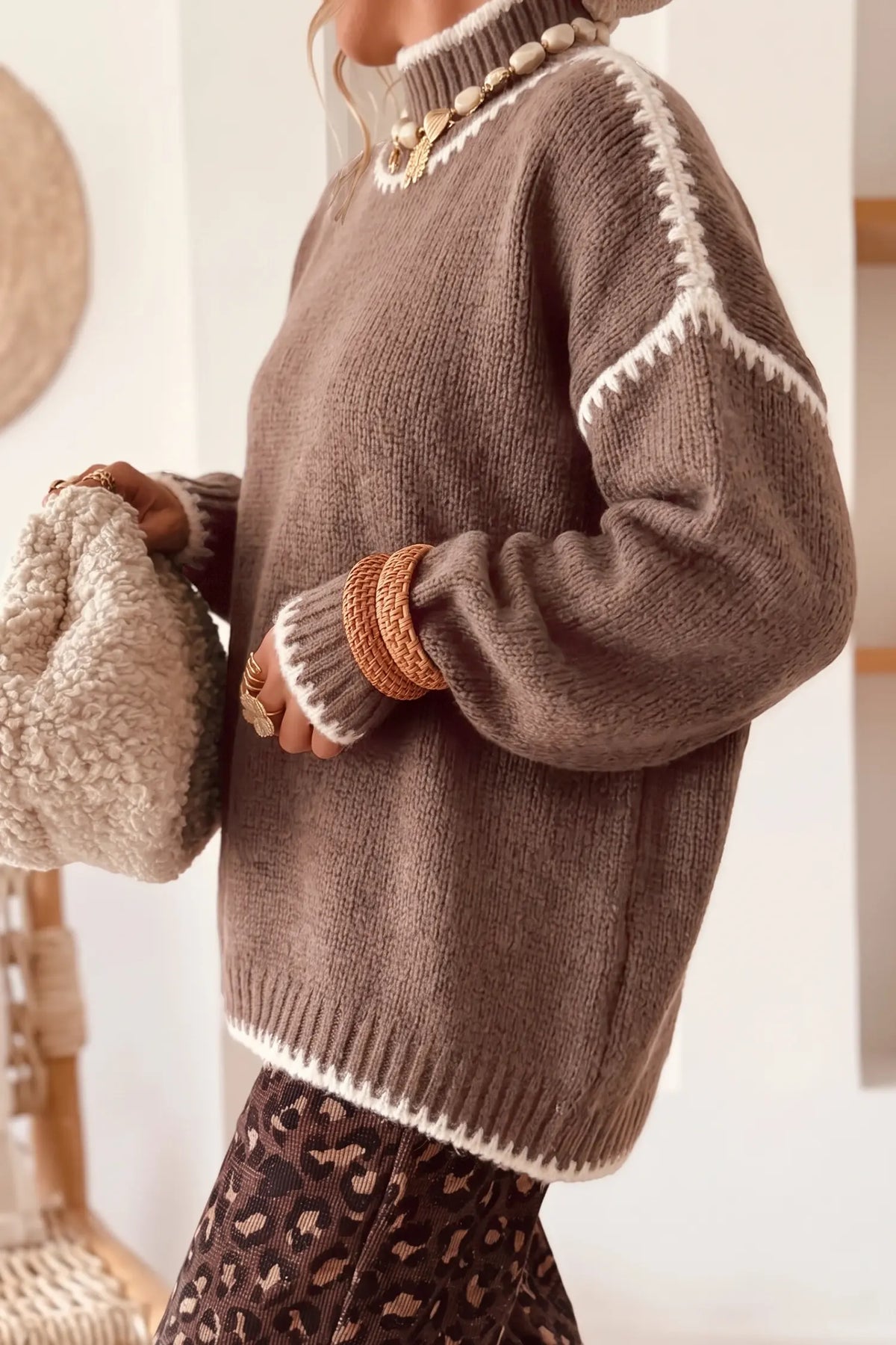 Dark Khaki Contrast Trim Mock Neck Drop Shoulder Relaxed Sweater