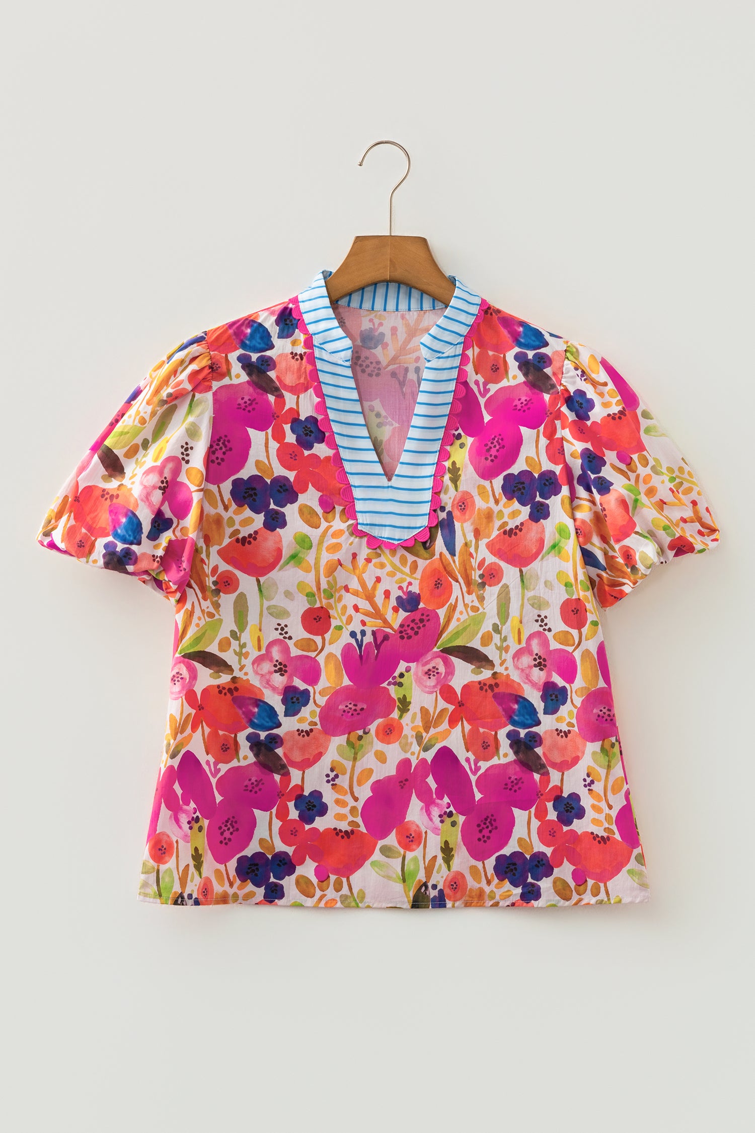 Floral Print V Neck Short Puff Sleeve Cotton Blouse – Rose