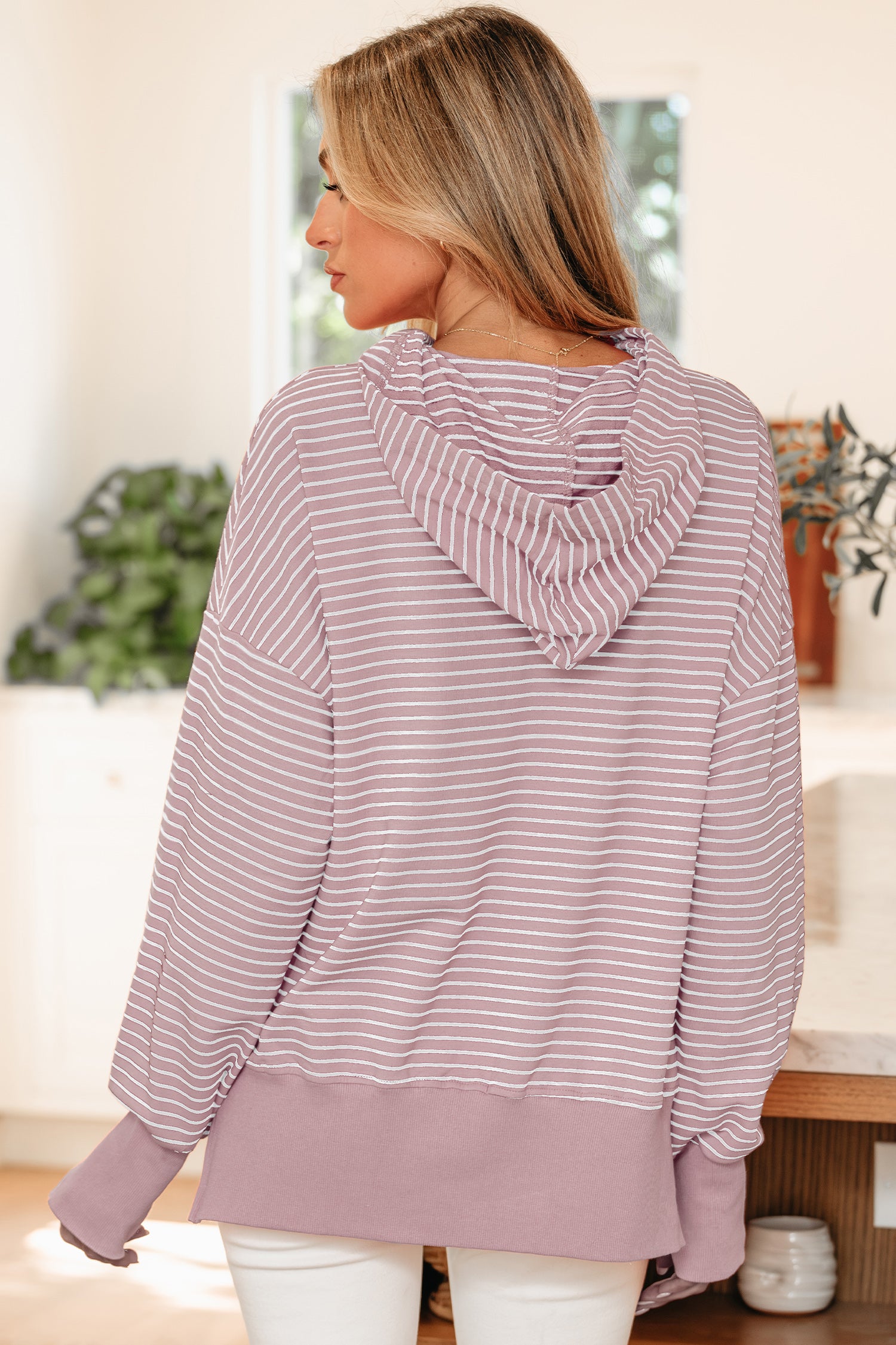 Stripe Thumbhole Side Slits Drop Shoulder Loose Fit Hoodie