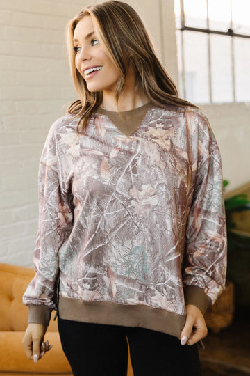 Abstract Camo Print Colour Block Detail Baggy Pullover Sweatshirt – Brown