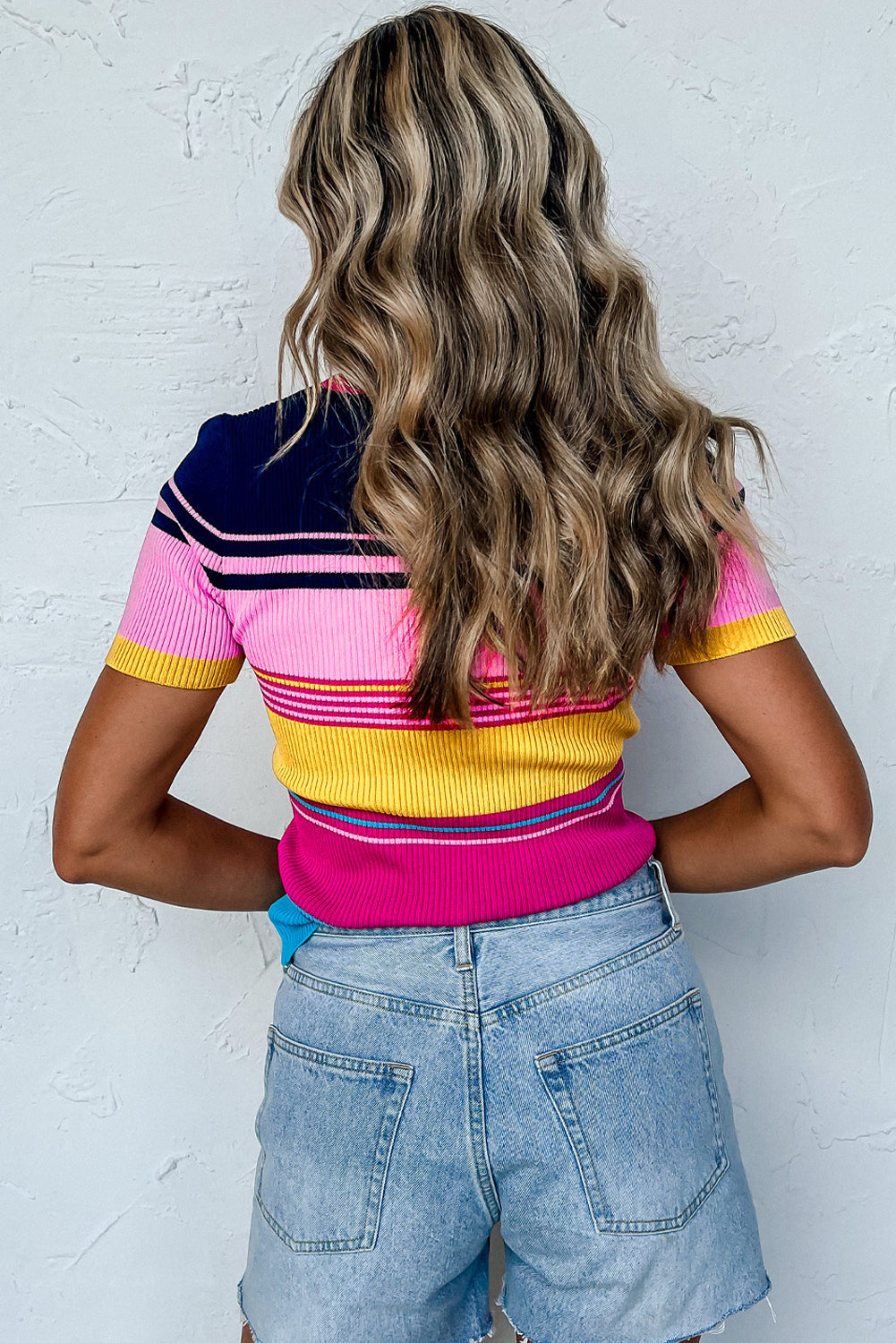 Pink Mixed Stripes Ribbed Knit Top eAura