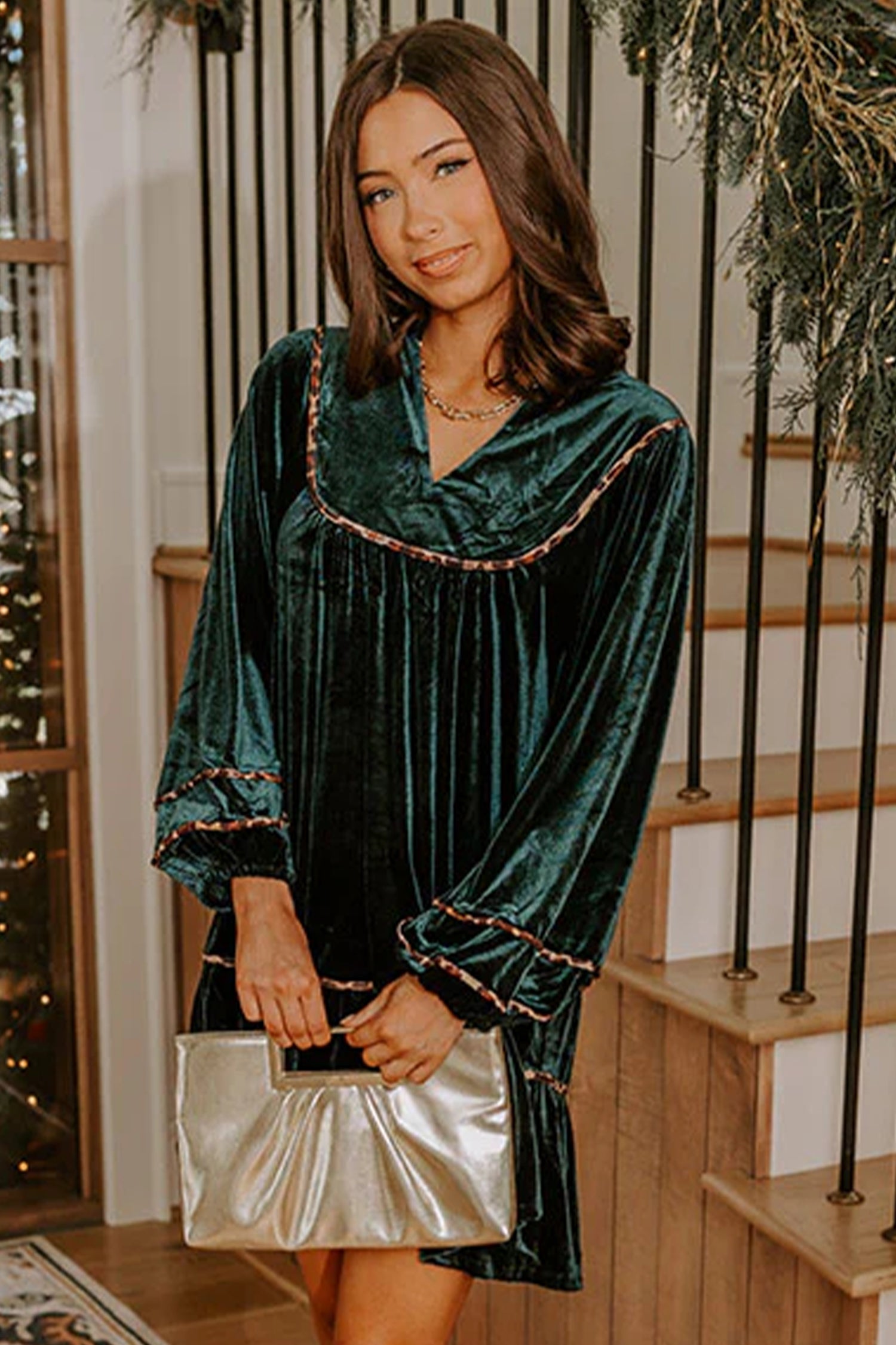 Leopard Trim Velvet Long Sleeve Shift Dress – Blackish Green
