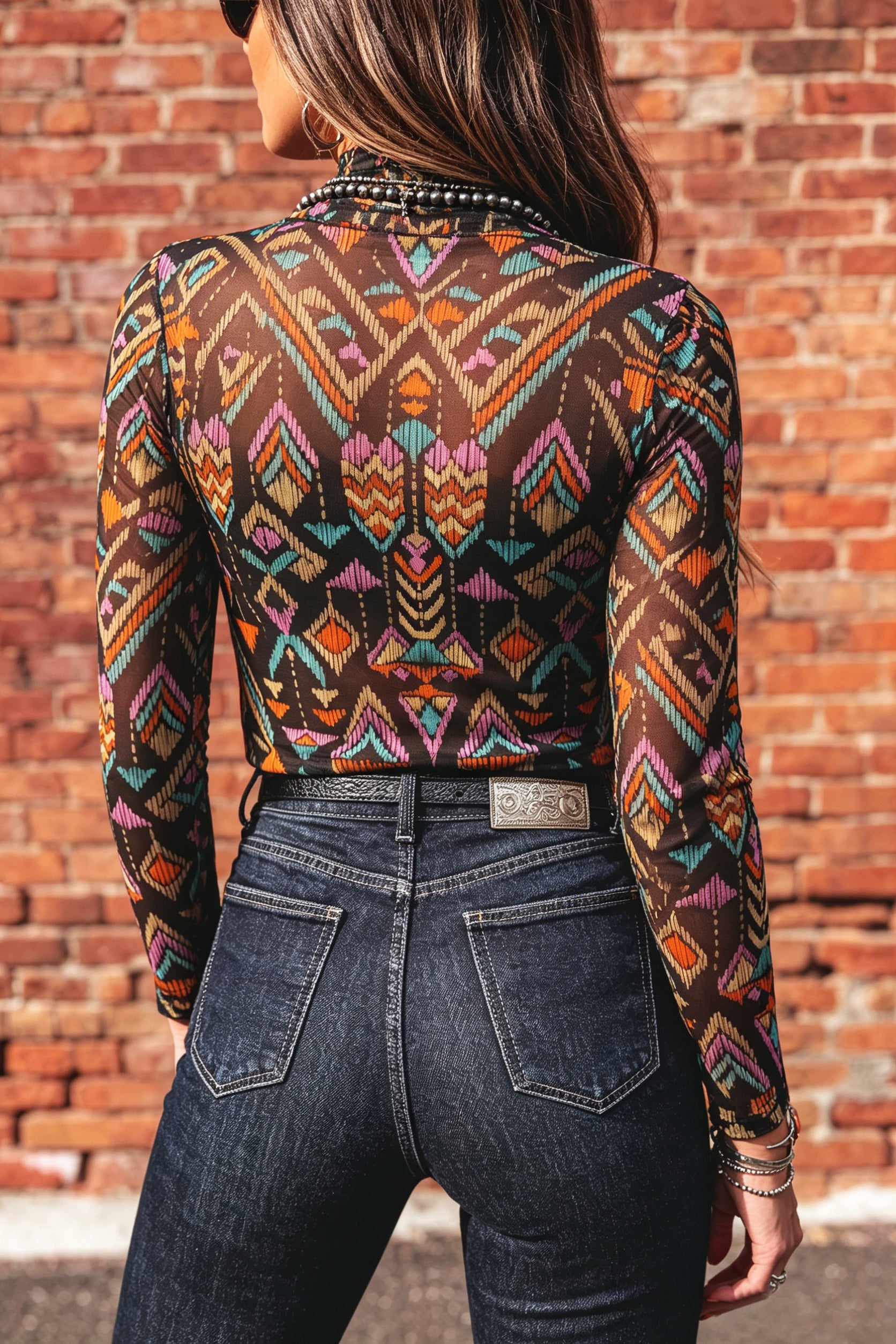 Abstract Print Long Sleeve Stand Neck Mesh Top – Color Black