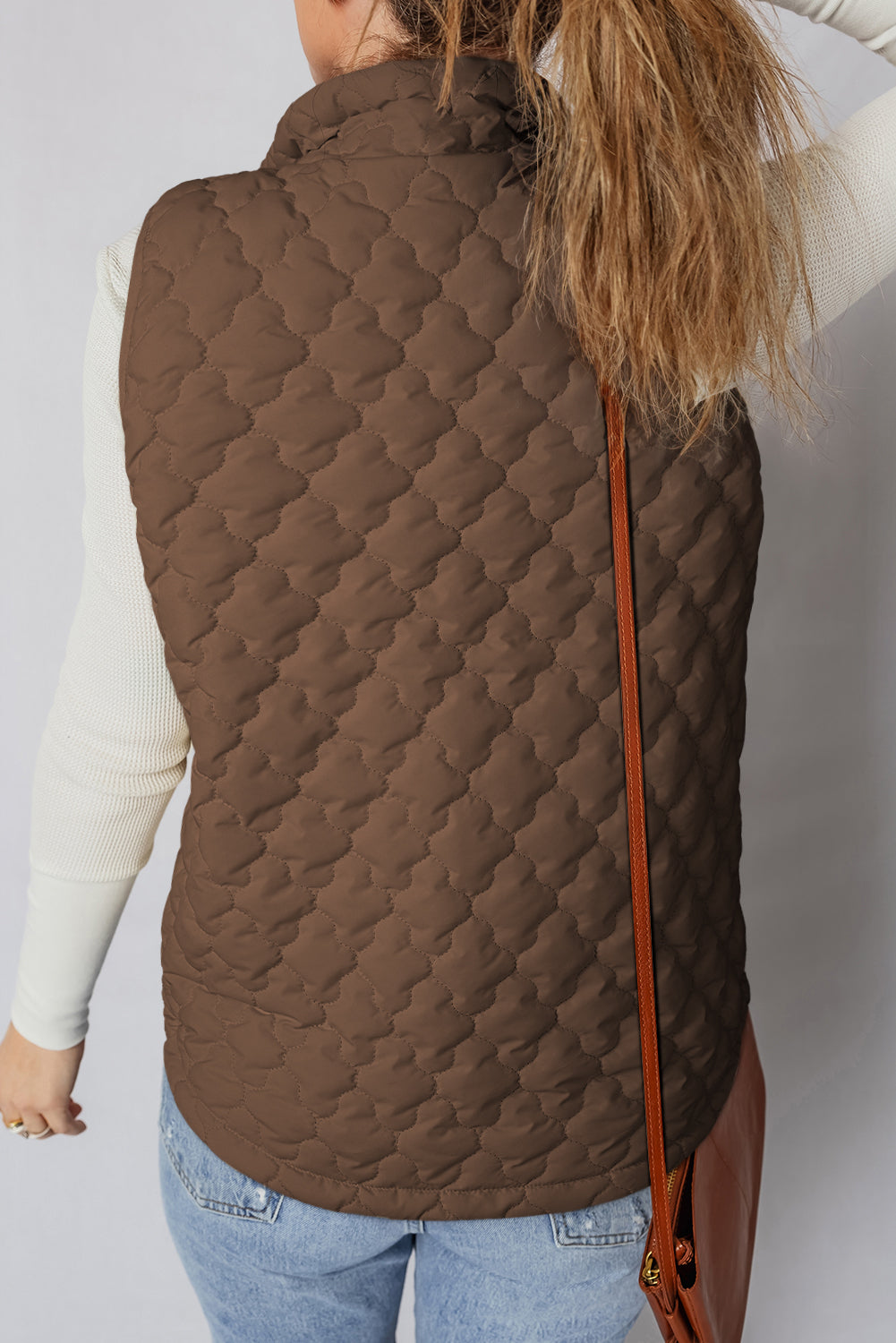 Flower Shape Quilted Snap Button Zip Up Winter Vest Vest - eAura