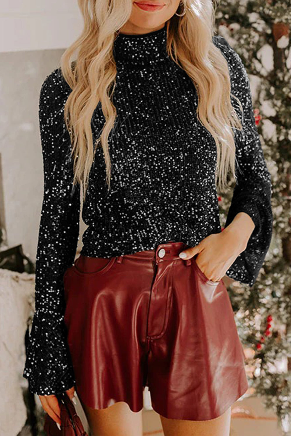 Black Sequin Mock Neck Drape Open Back Bell Sleeve Top Dear-Lover Dropshipping