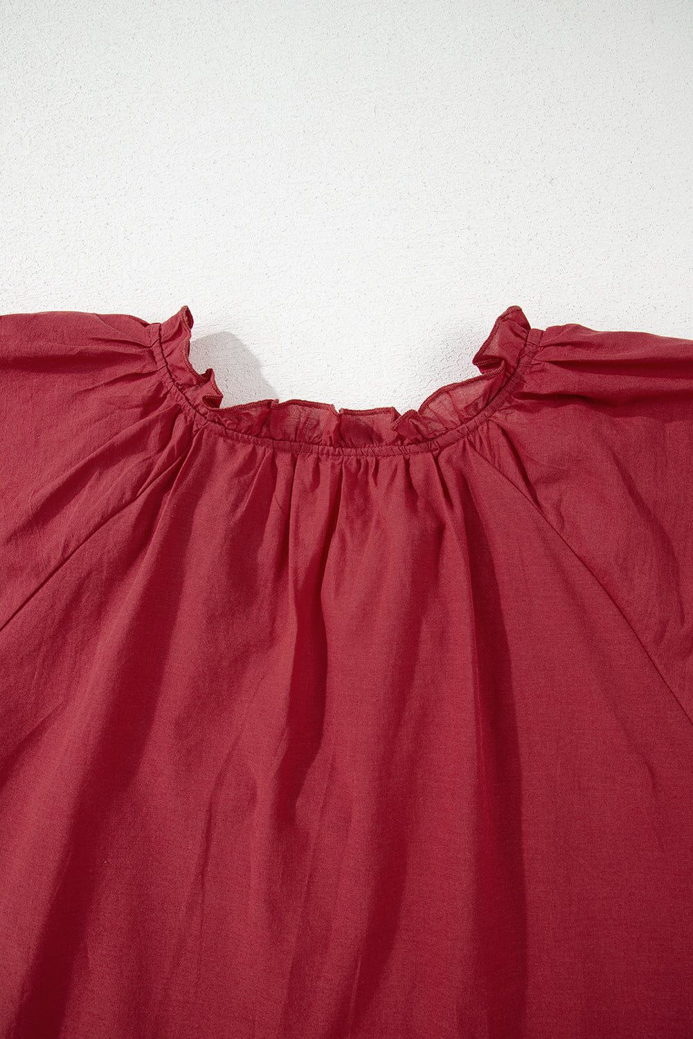 Red Dahlia Floral Embroidered Scallop Trim Short Sleeve V Neck Blouse eAura