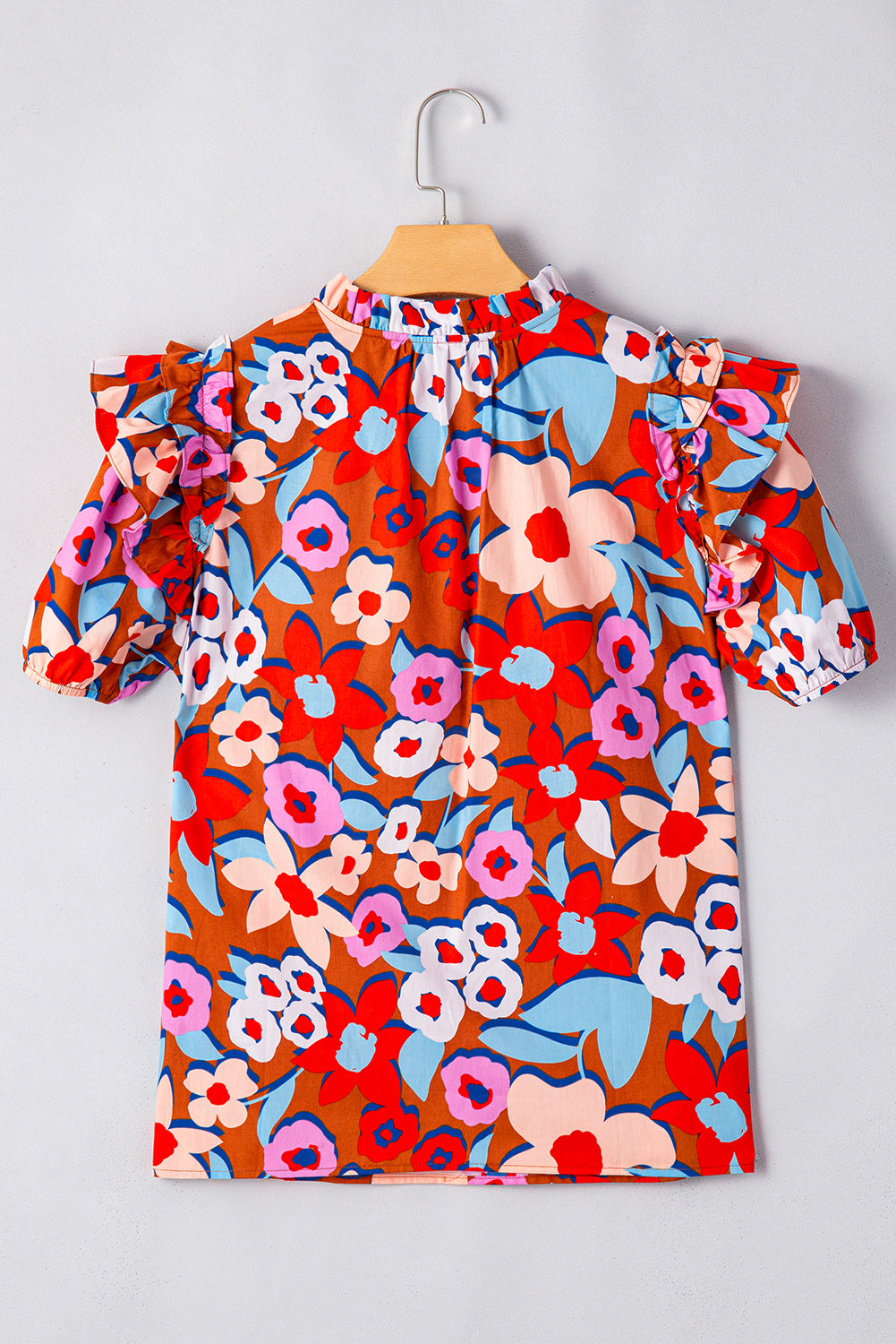 Brown Flower Print Self Tie Frilled Collar Puff Sleeve Blouse eAura