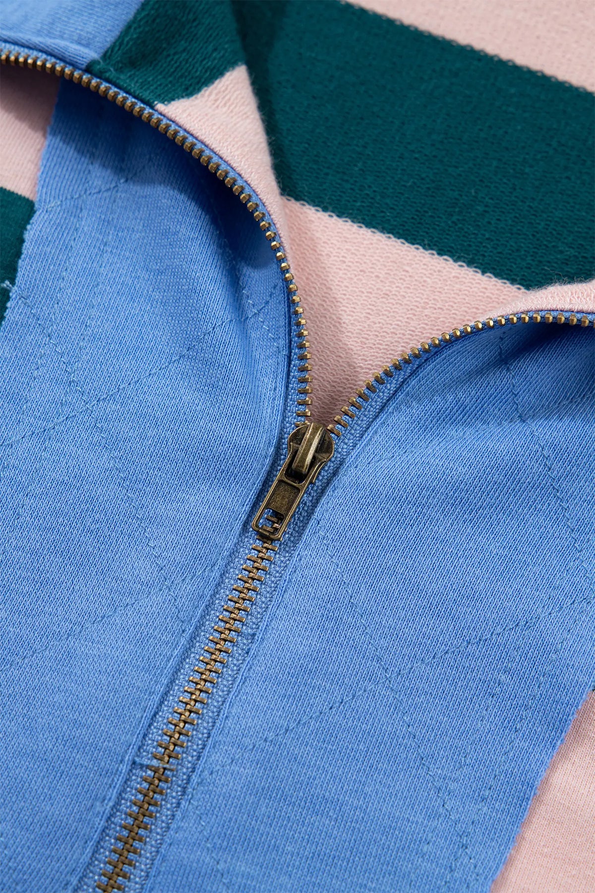Quarter-Zip Metal Zipper Cover Stitch Hem Top – Green Stripe