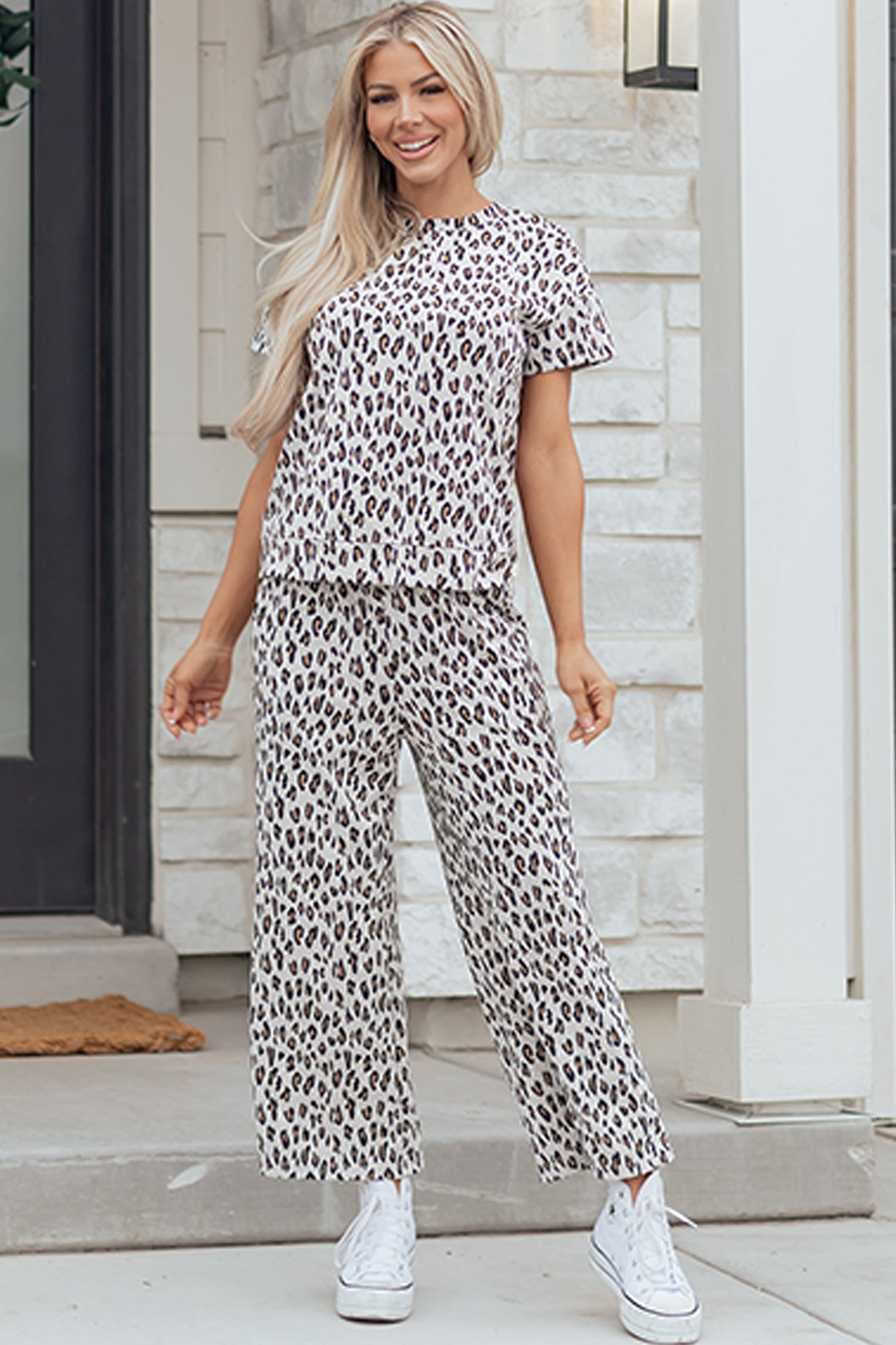 Leopard Print Casual Tee and Pants Co-ord Set