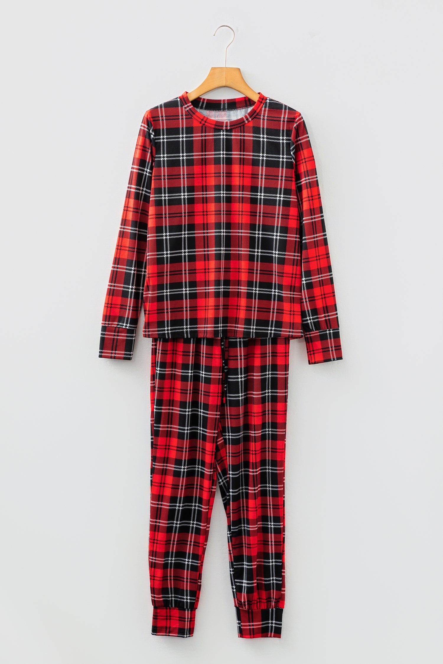 Festive Plaid Print Round Neck Long Sleeve and Bottoms Pyjamas - eAura