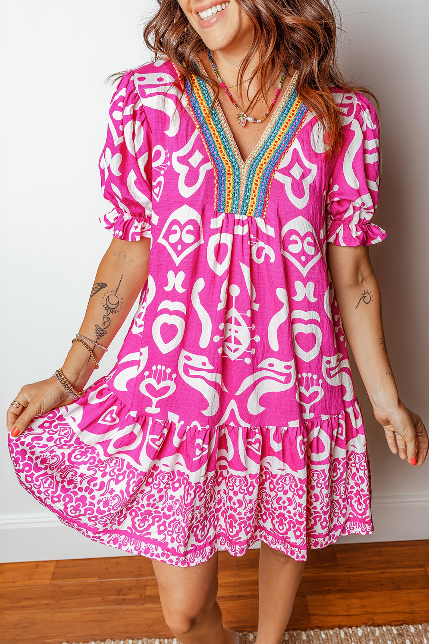 Boho Mixed Print Contrast Trim V-Neck Short Sleeve Flared Dress