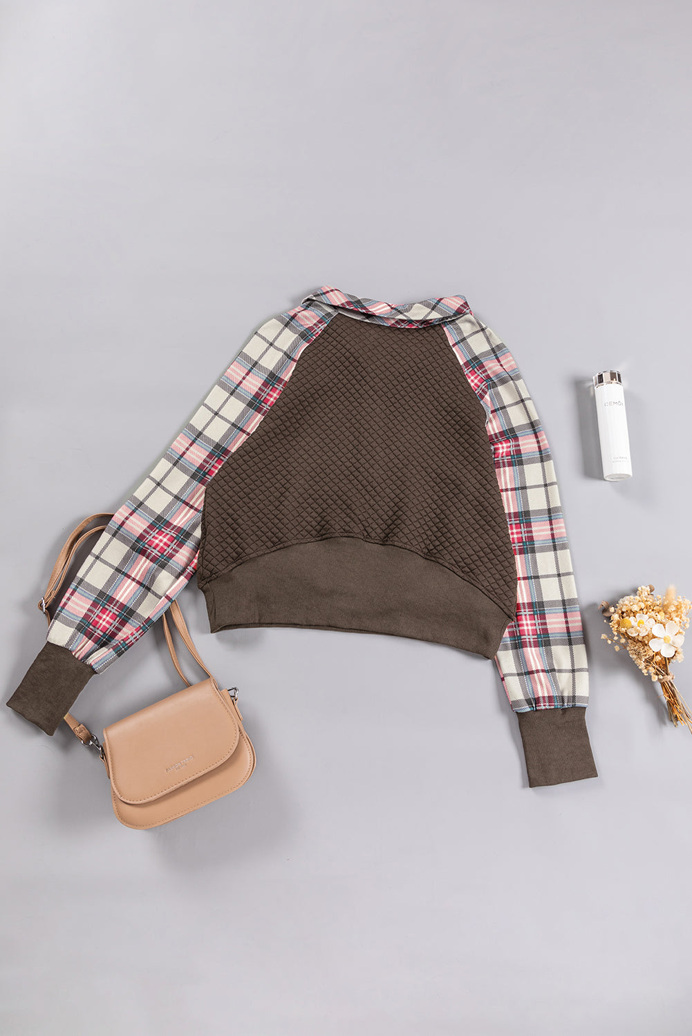 Khaki Printed Plaid Sleeve Patchwork Collared Textured Sweatshirt eAura
