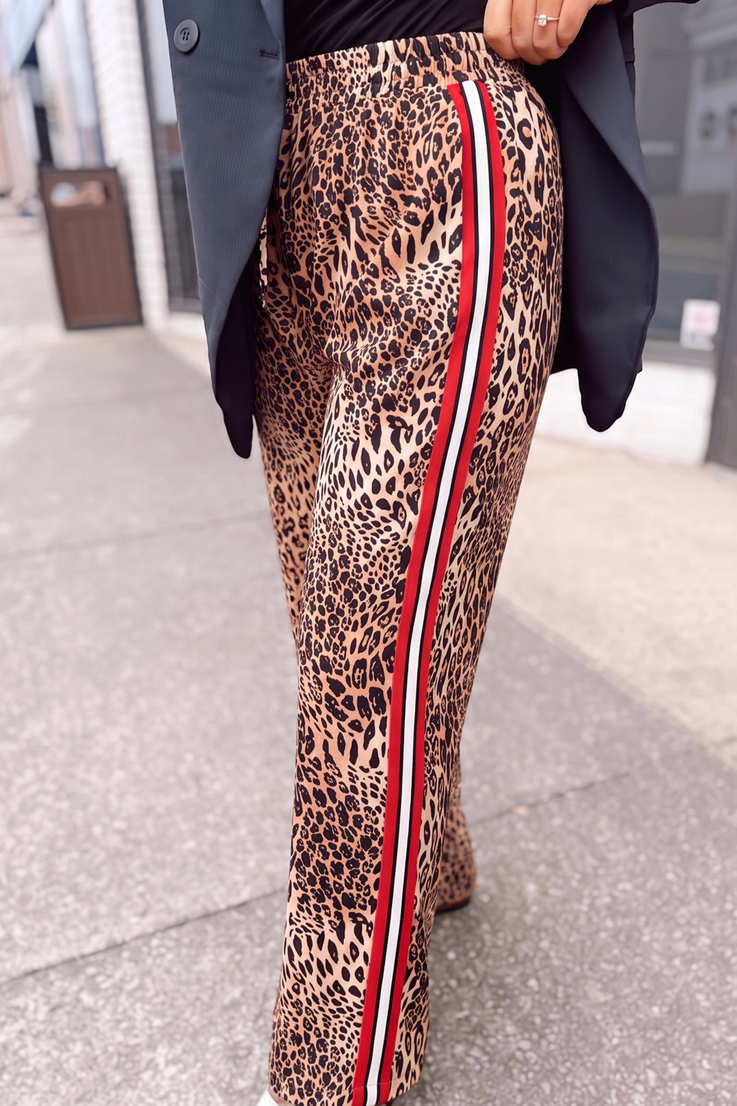 Leopard Print Colorblock Side Stripes Wide Leg Full Length Plus Size Pants – Khaki