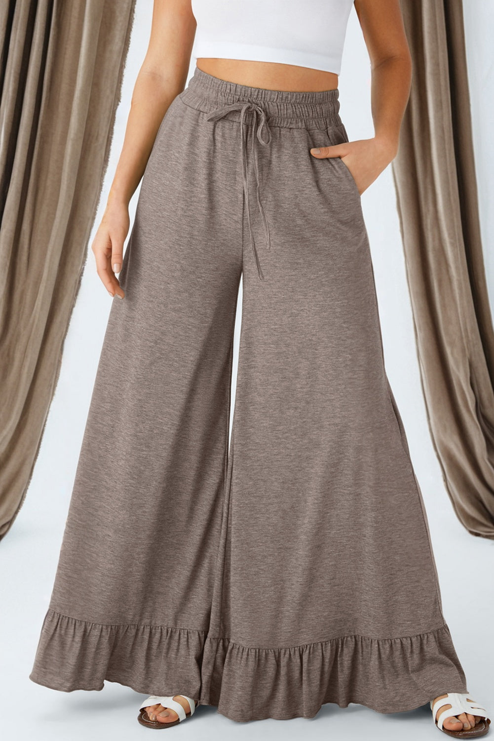 Ruffled Wide Leg Pull On High Waist Trousers with Pockets - Bottoms/Wide
