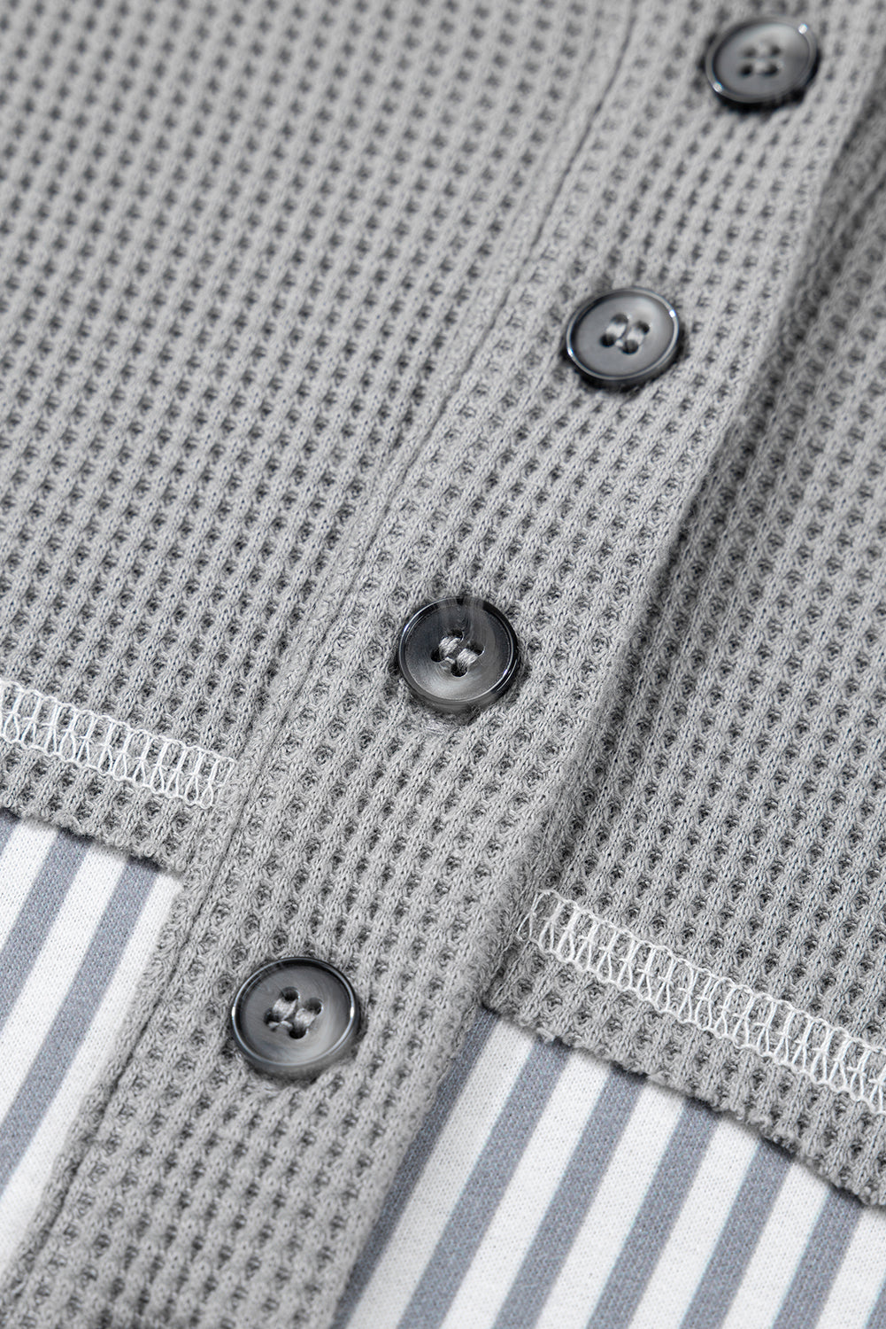 Grey Mixed Pattern Waffle Knit Patchwork Half Buttons Plus Hooded Top eAura